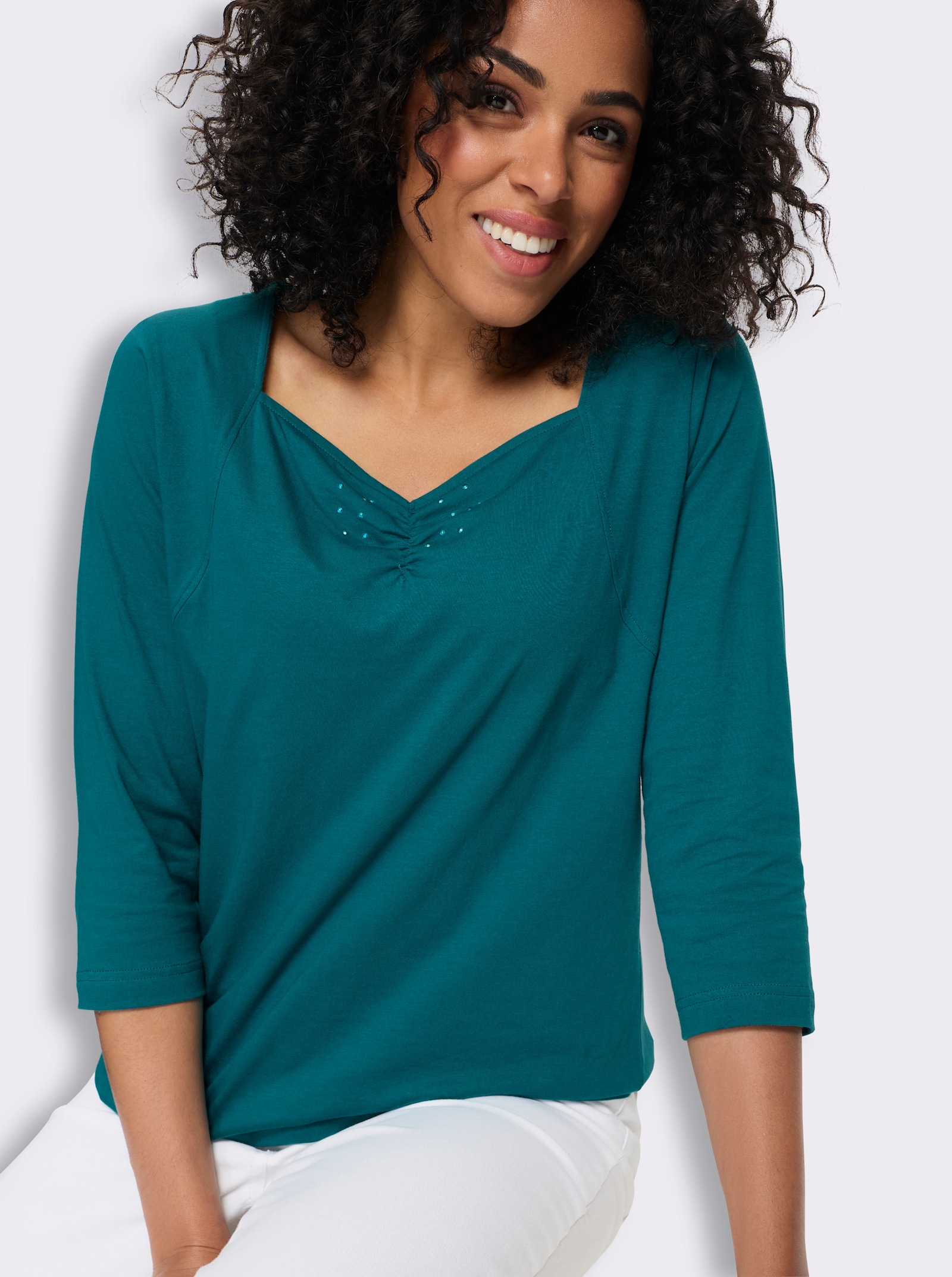 3/4-Arm-Shirt mit Herz-Ausschnitt, Baumwolle - aquapetrol