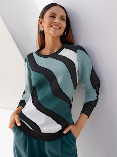 Jacquard-Pullover mit Wellenmuster - schwarz-jade-gemustert