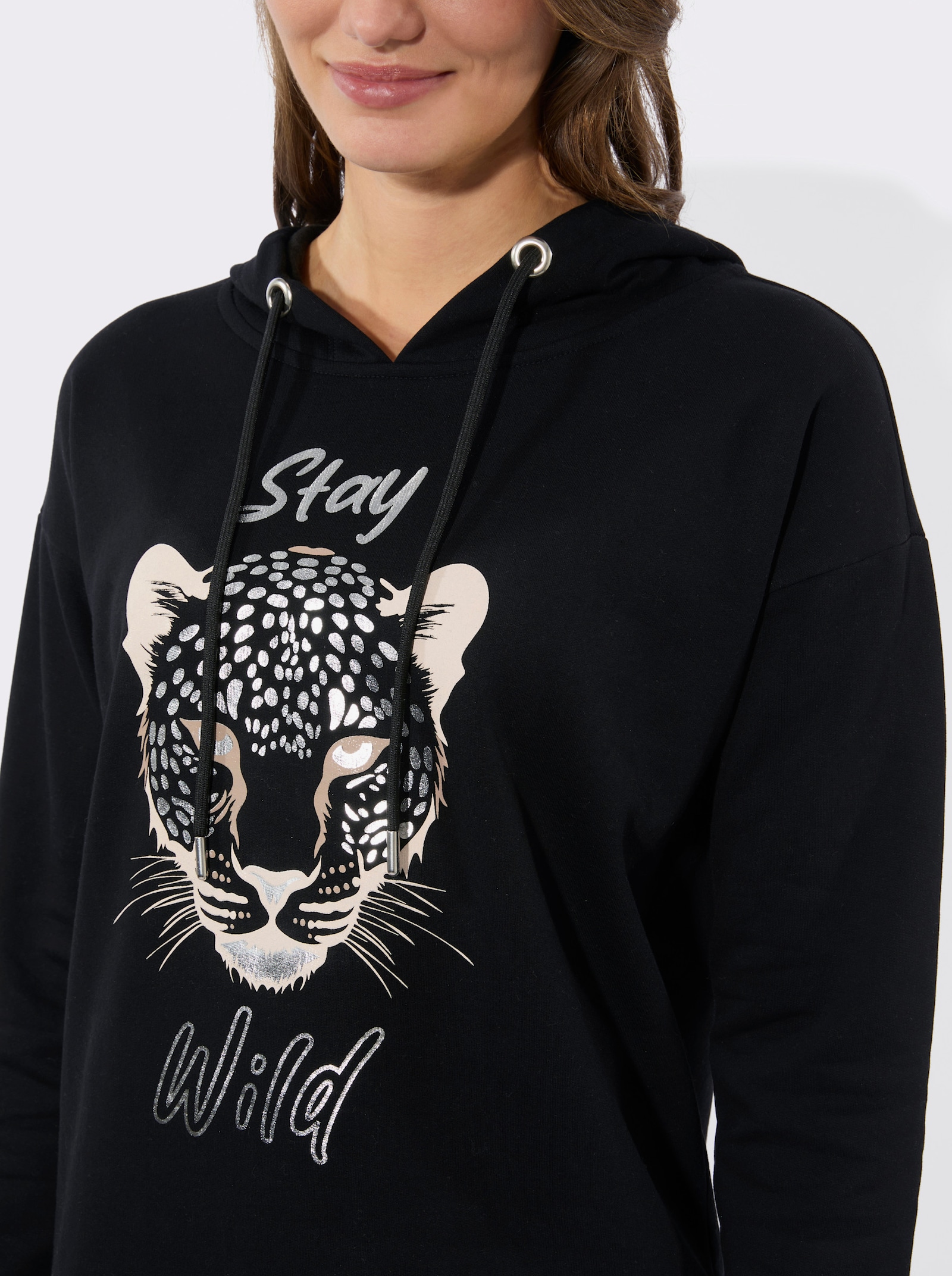 Sweatshirt mit glänzendem Leo-Motiv - schwarz