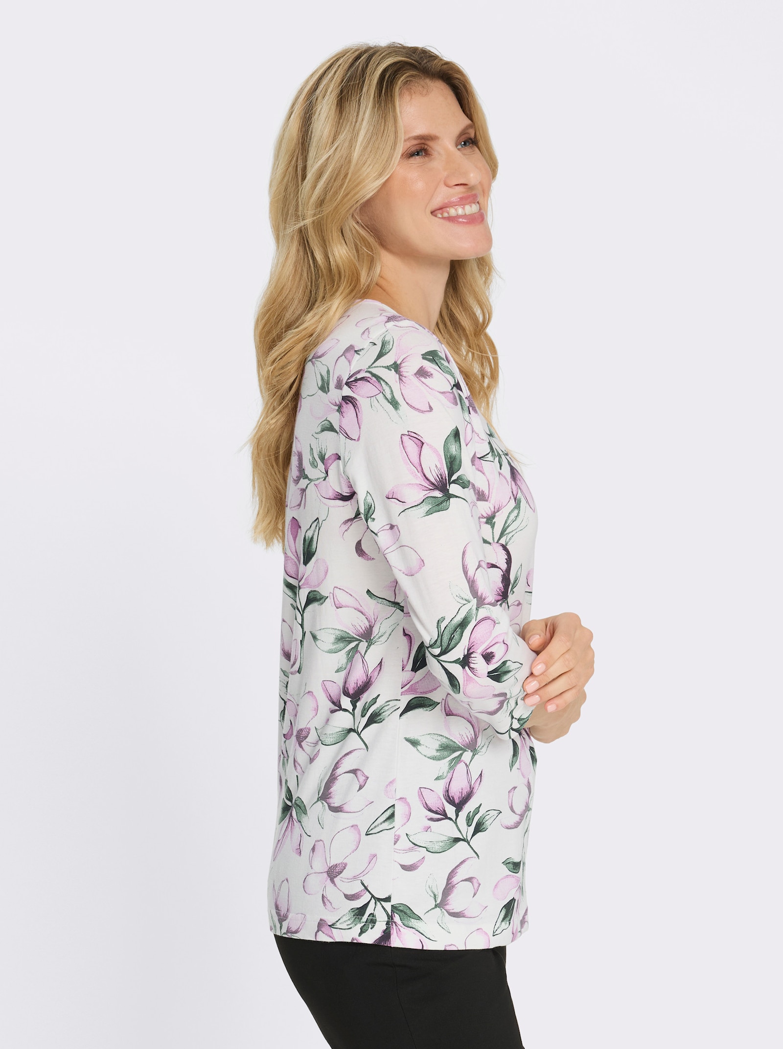 Rundhalsshirt mit floralem Muster - orchidee-ecru-bedruckt