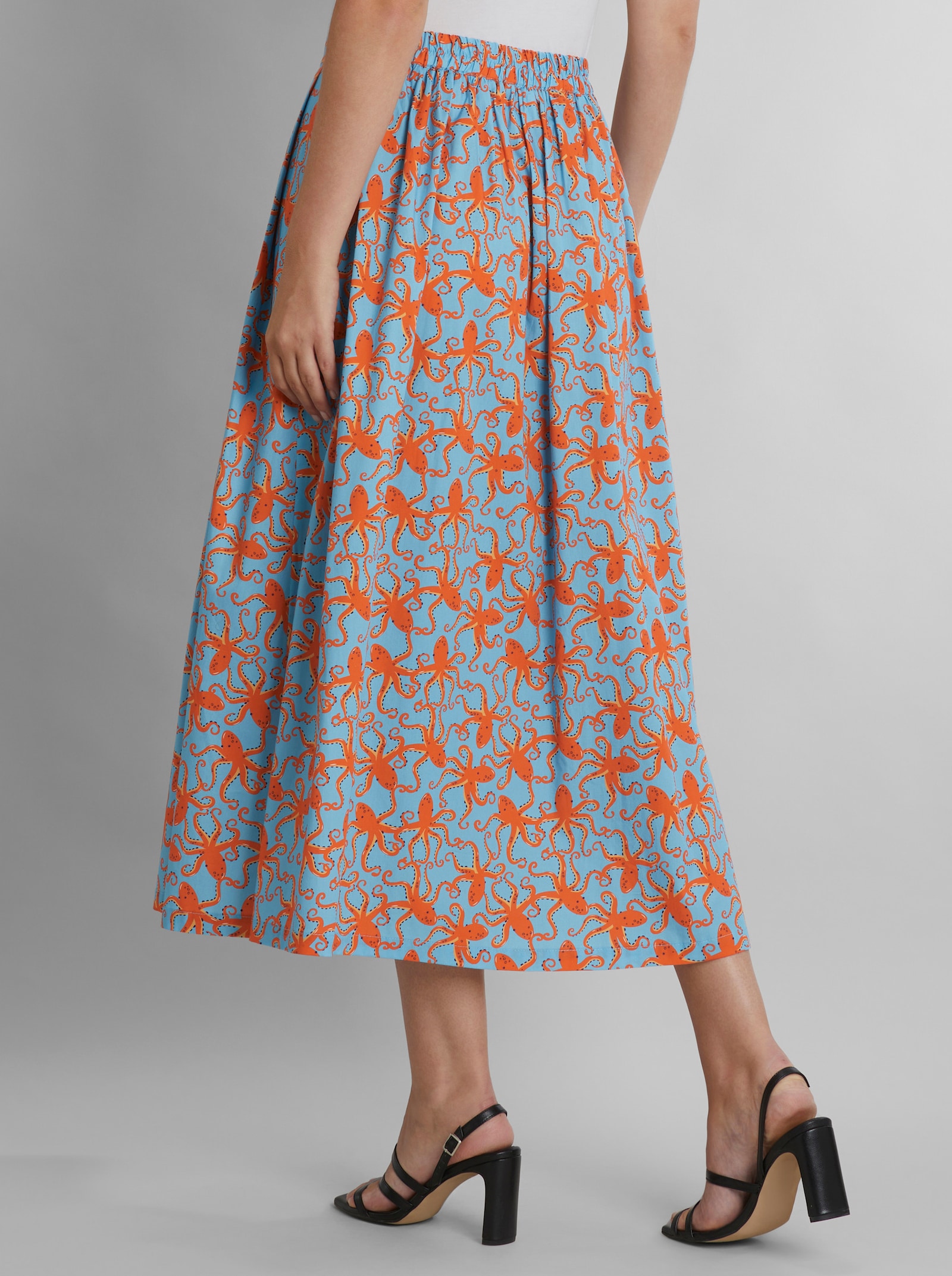 heine A-Linien-Rock mit Kraken-Print - aqua-orange-bedruckt