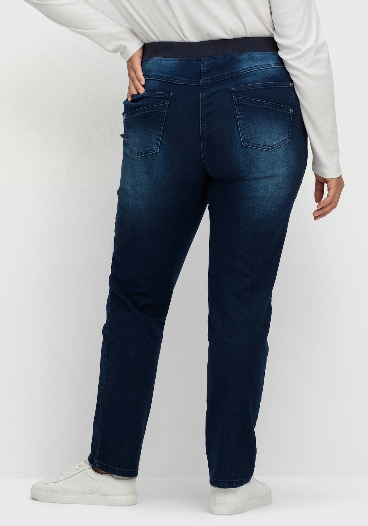 Schlupfjeans mit geripptem Strick-Dehnbund - dark blue