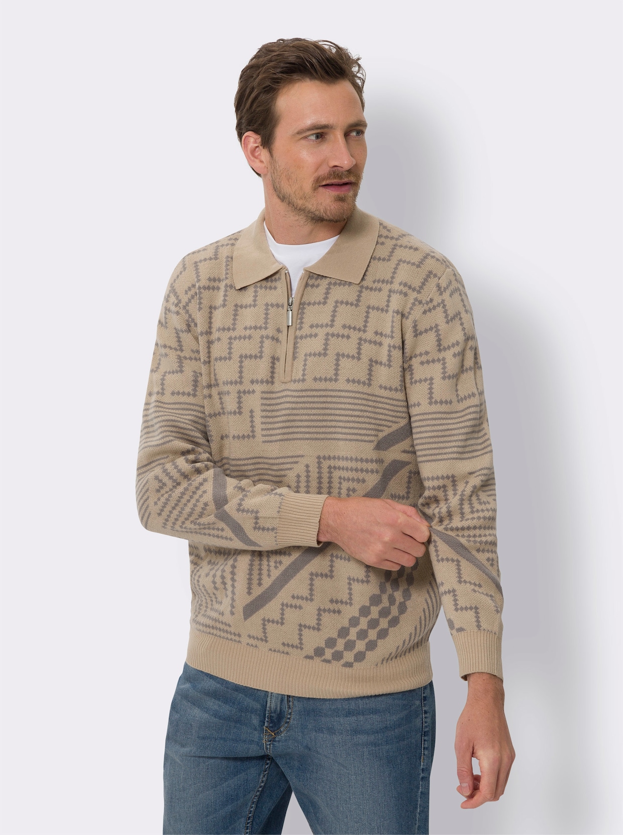 Polopullover - beige-grau-gemustert