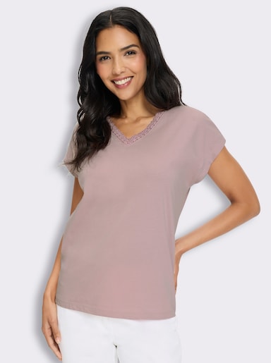 Kurzarmshirt mit Spitze am V-Ausschnitt - mauve