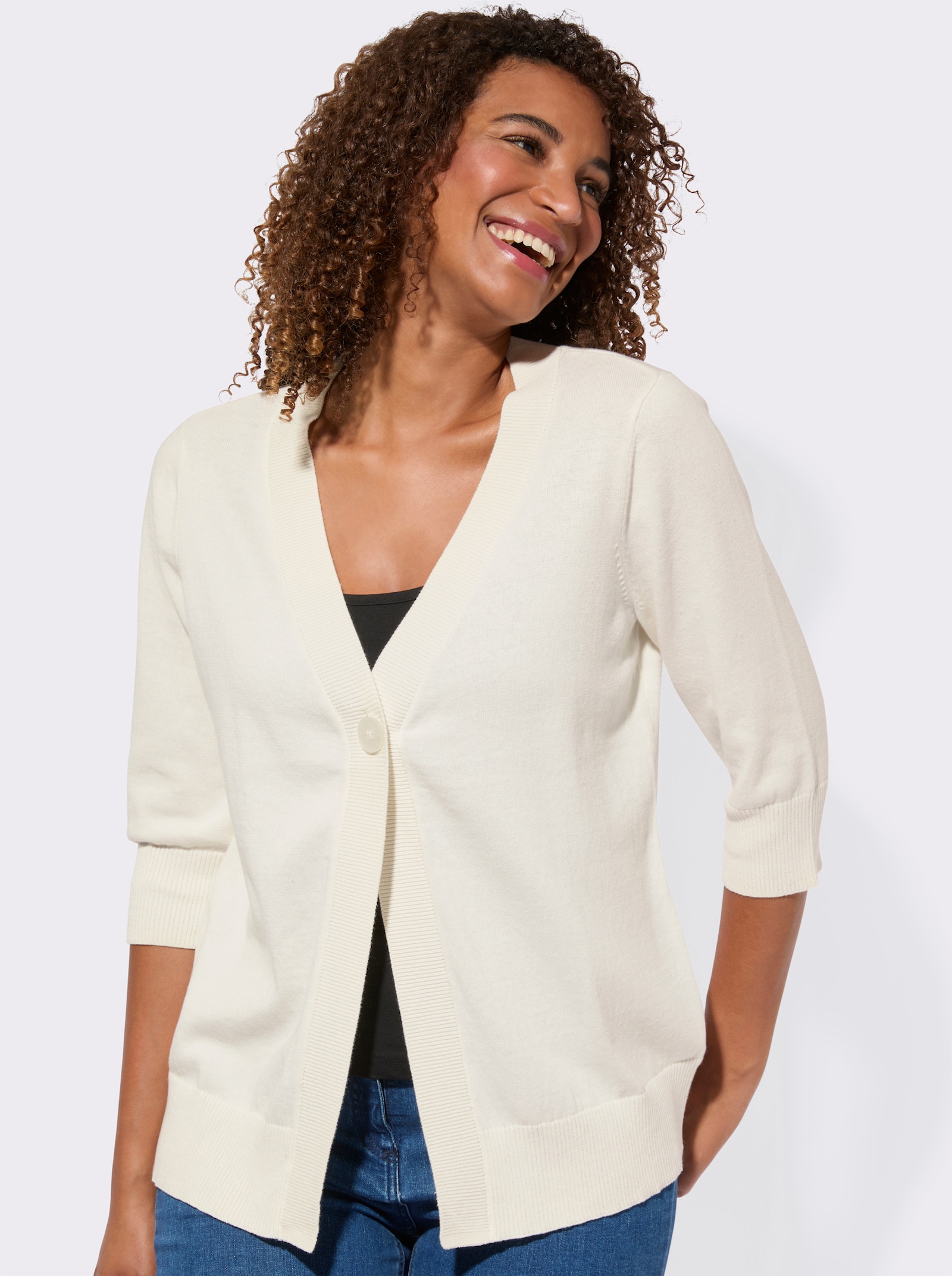 Feinstrickjacke mit gerippten Abschlüssen - ecru