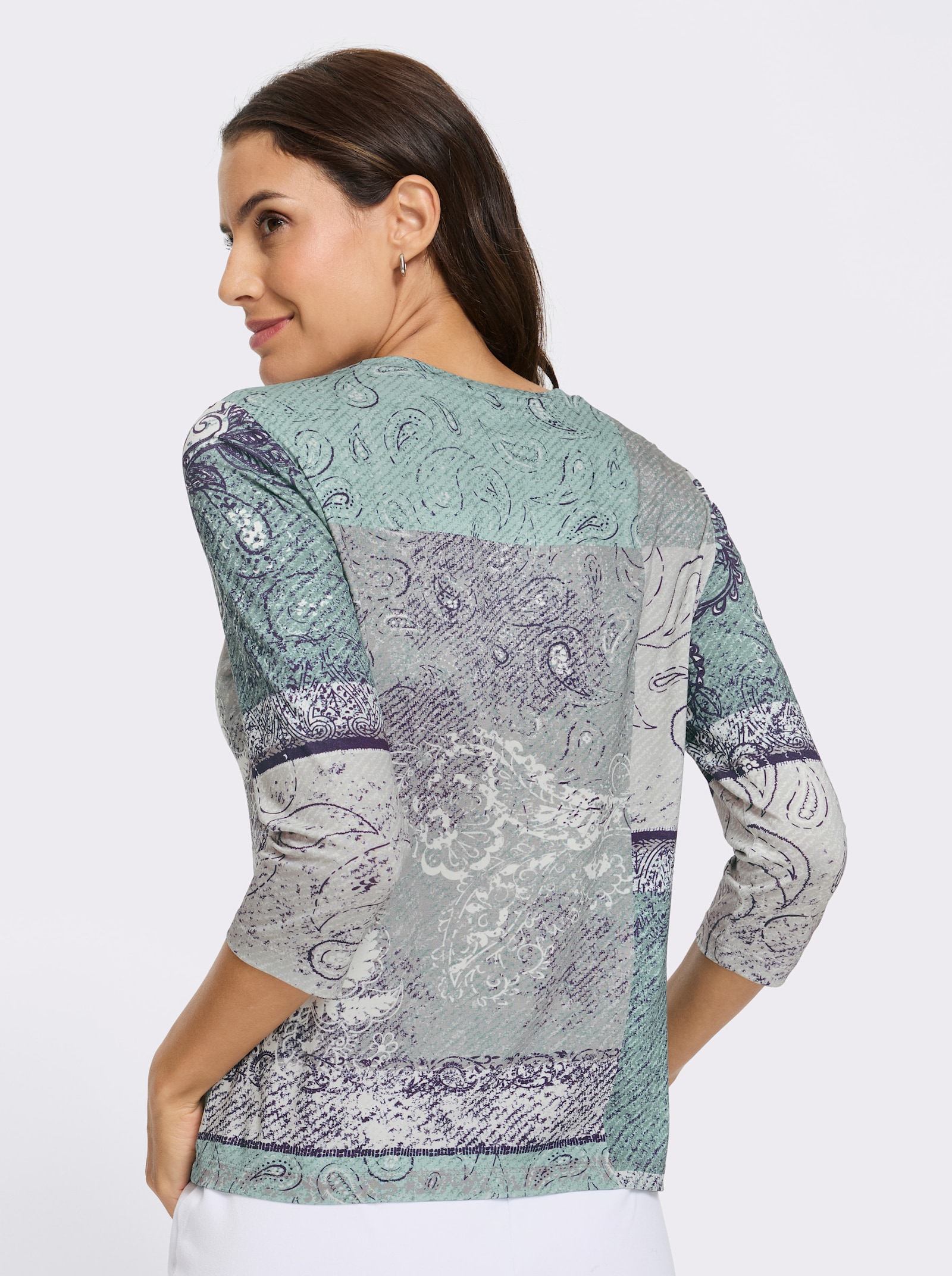3/4-Arm-Shirt in Patchwork-Dessin - kalkmint-weiß-bedruckt