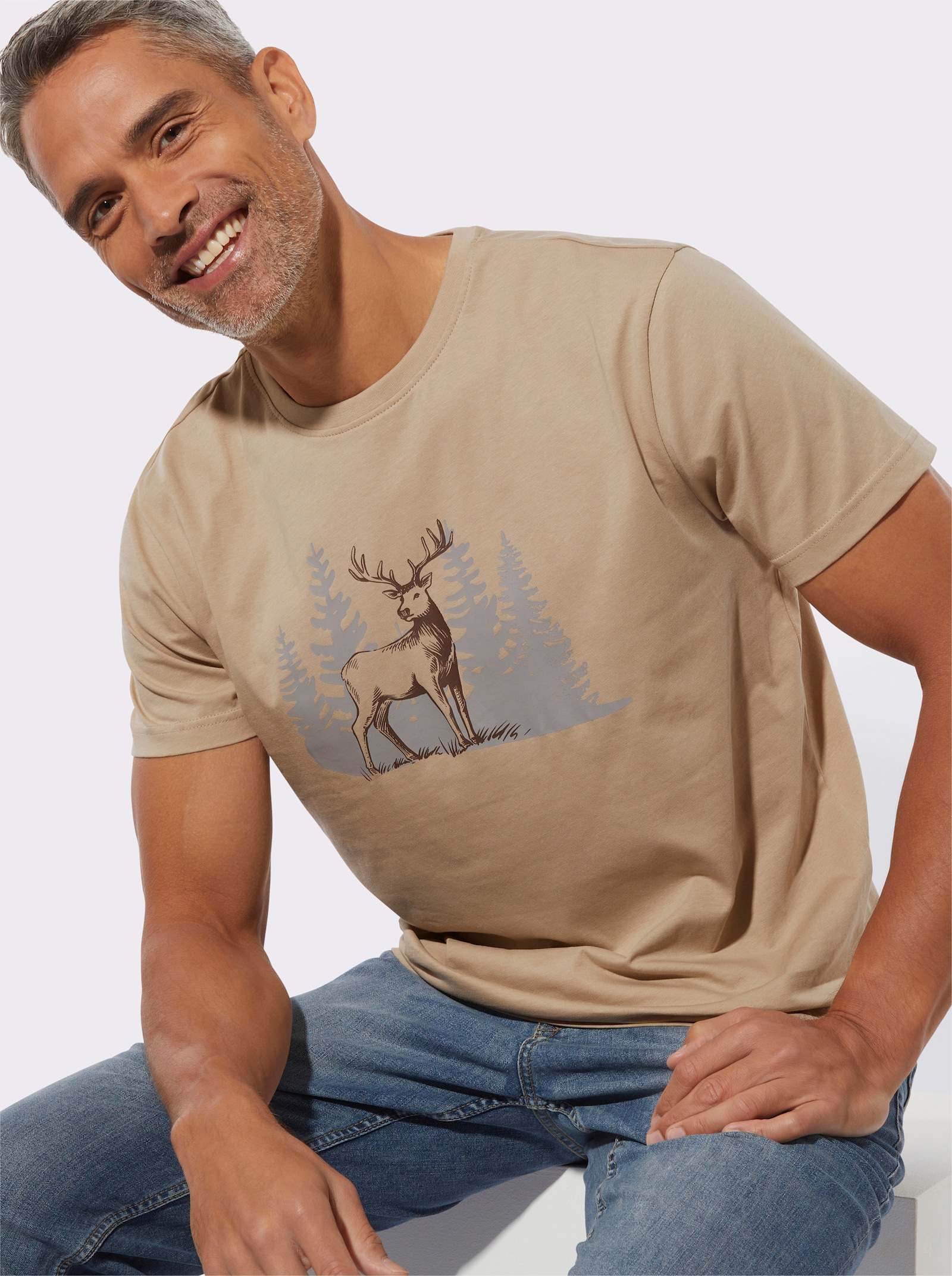 Shirt met korte mouwen en op dessin geplaatste hertenprint - beige