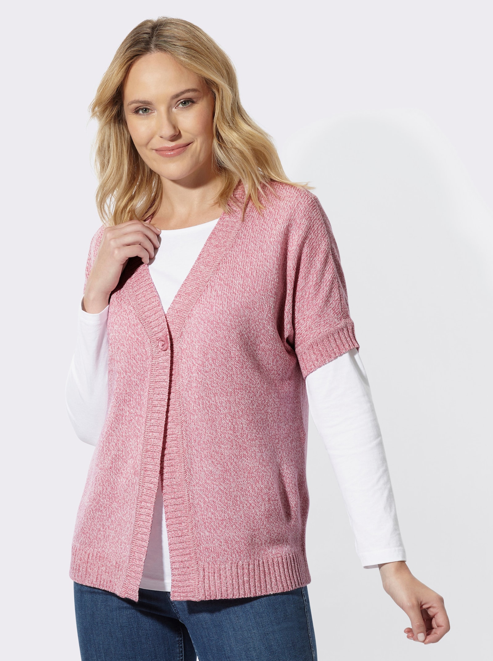 Strickjacke mit Fledermaus-Ärmeln - altrosa-ecru-meliert