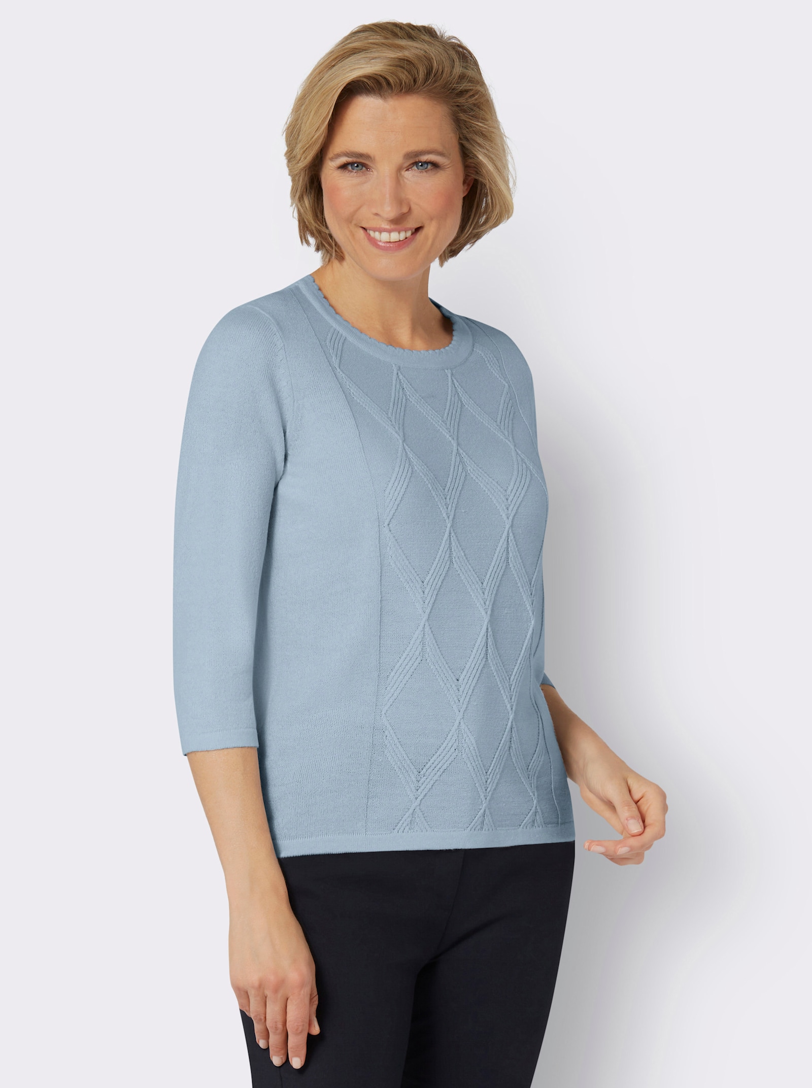 Svetr s krátkým rukávem s kosočtvercovým vzorem, snadná údržba - světlemodrá