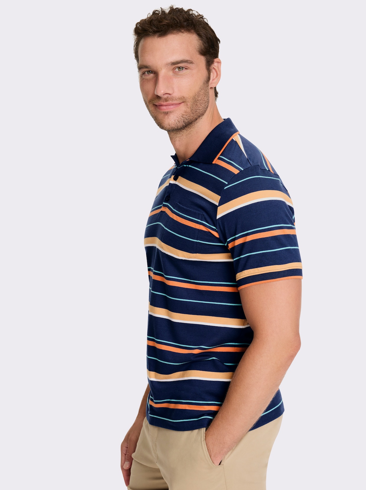 Marco Donati Kurzarmshirt - dunkelblau-papaya-gestreift