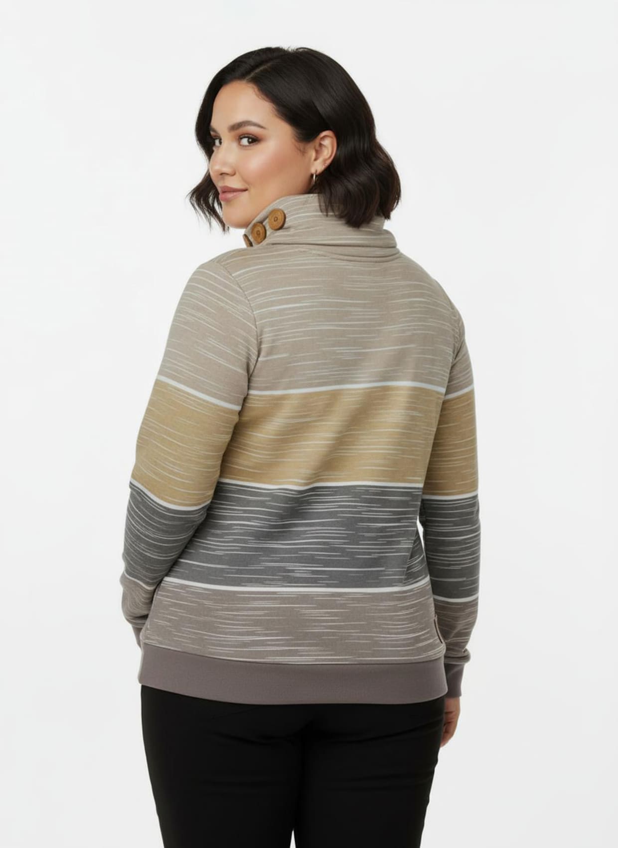 Sweatshirt mit Zierknöpfen am Kragen - dunkeltaupe-sesam-bedruckt