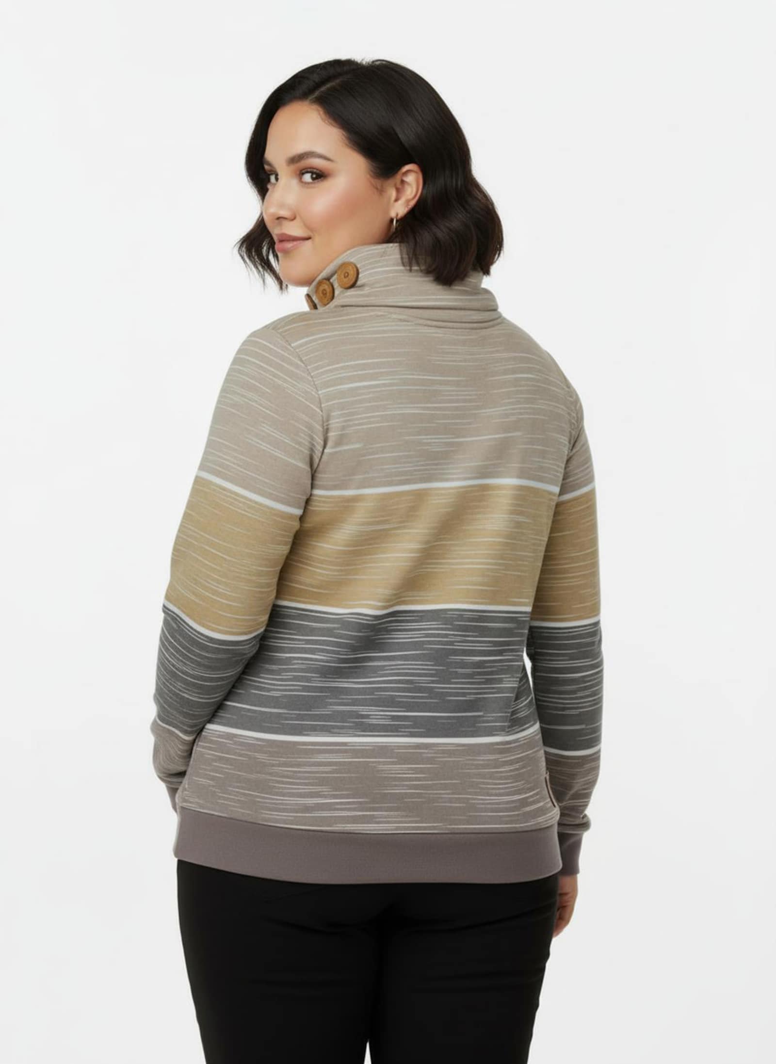 Sweatshirt mit Zierknöpfen am Kragen - dunkeltaupe-sesam-bedruckt