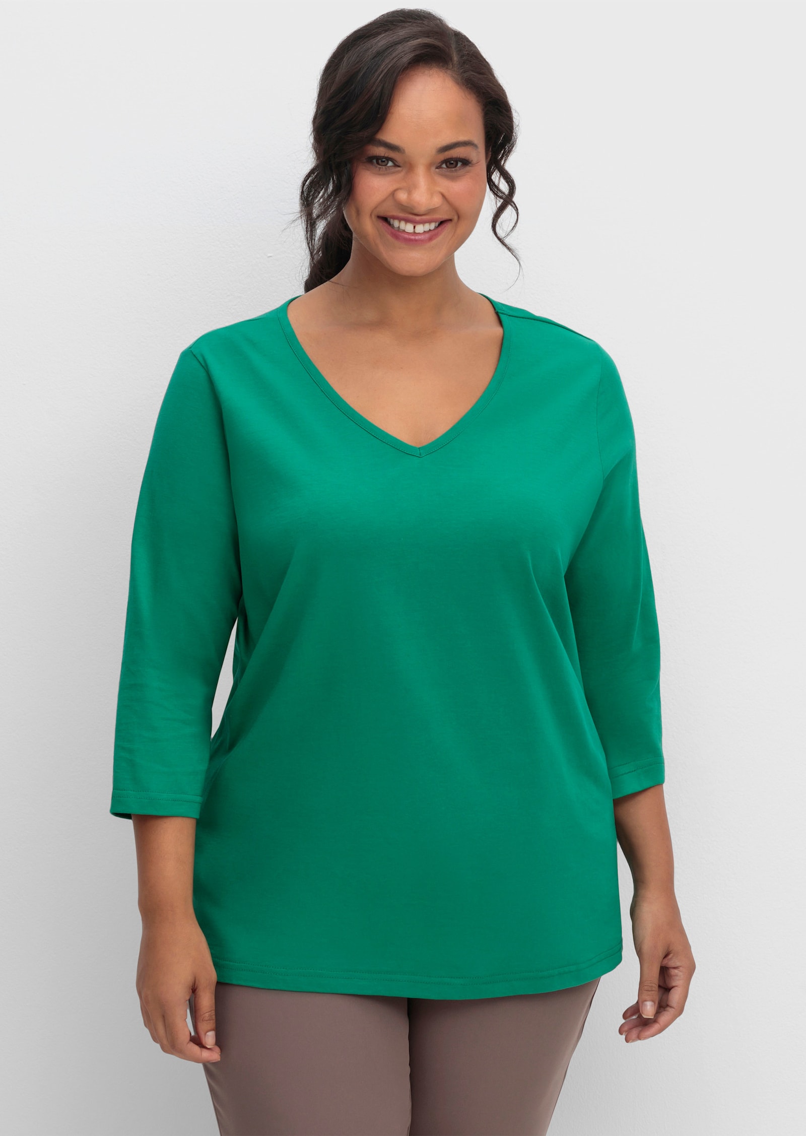3/4-Arm-Shirt mit V-Ausschnitt - grün