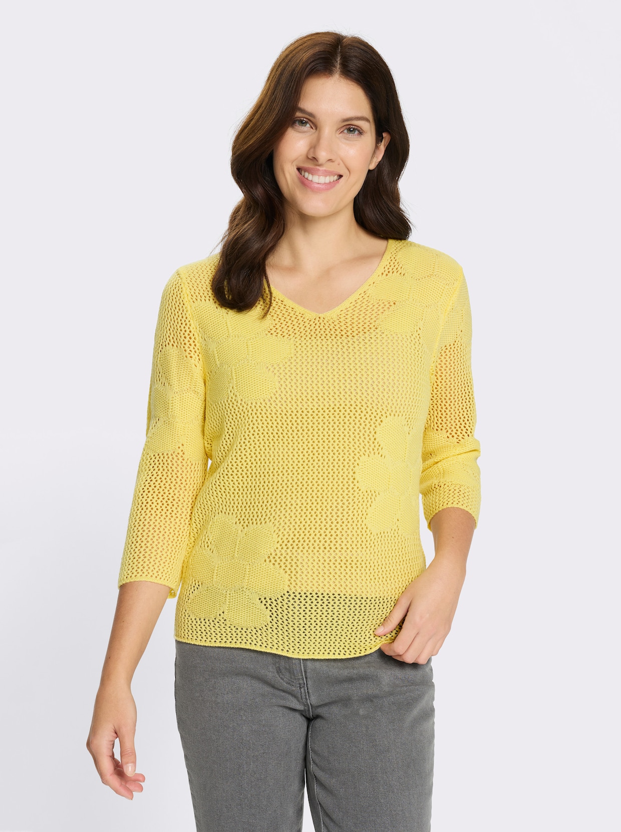 Ajourpullover mit eingestrickten Blüten - zitrone