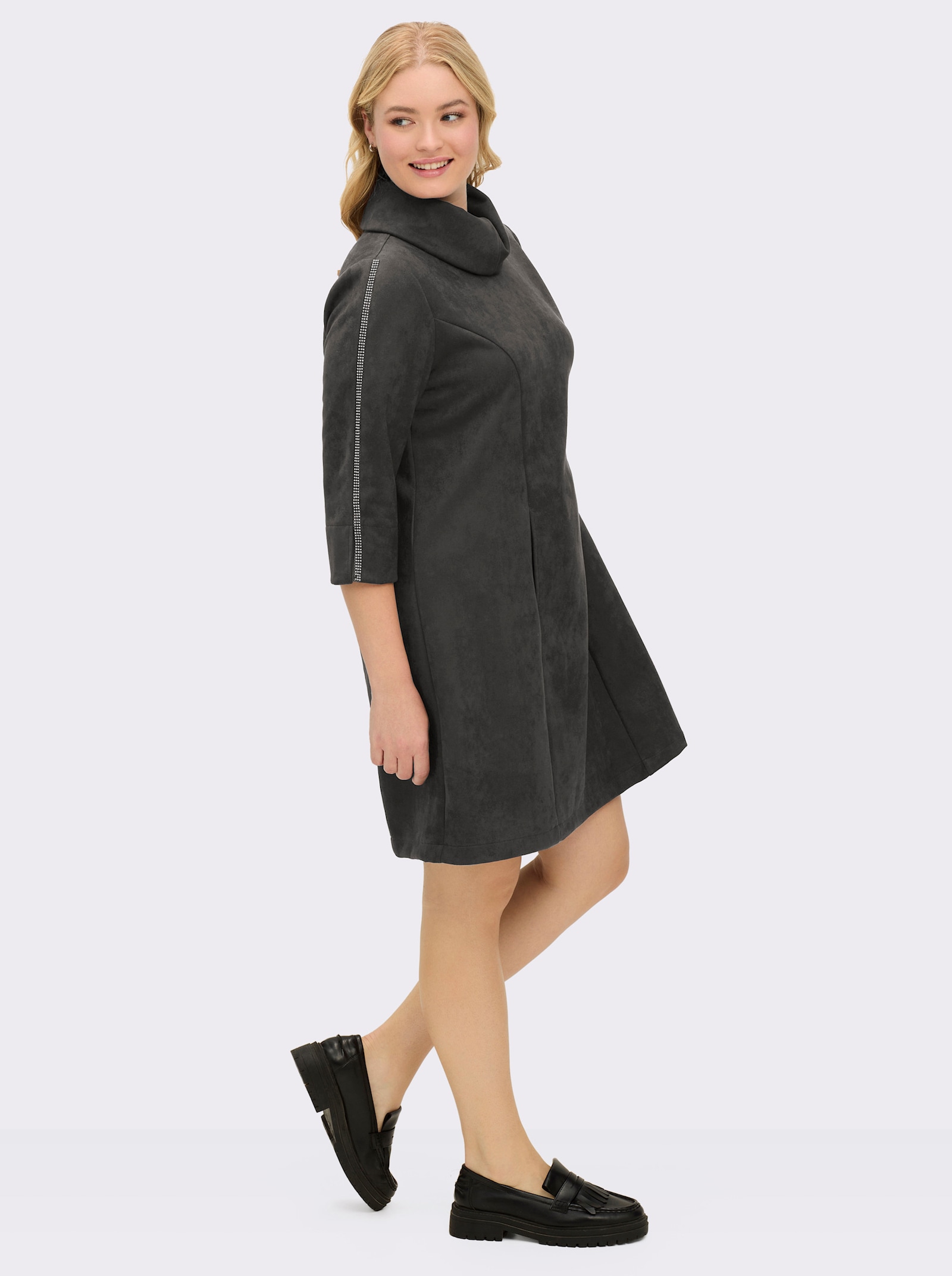 sheego A-Linien-Kleid in Veloursleder-Optik - graphit