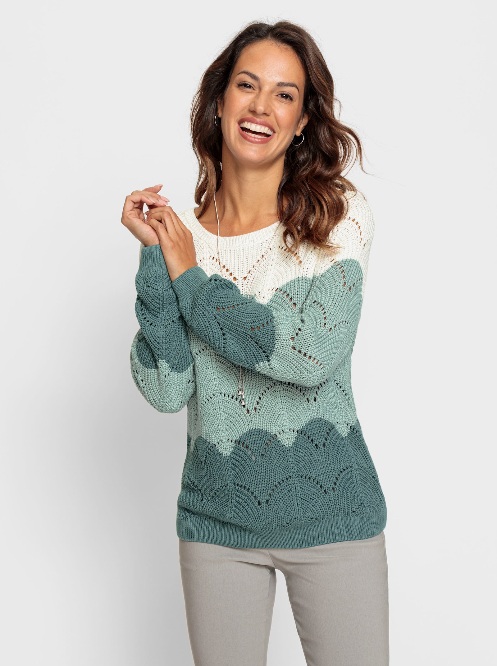 Ajourpullover mit Farbverlauf - jade-ecru-gemustert