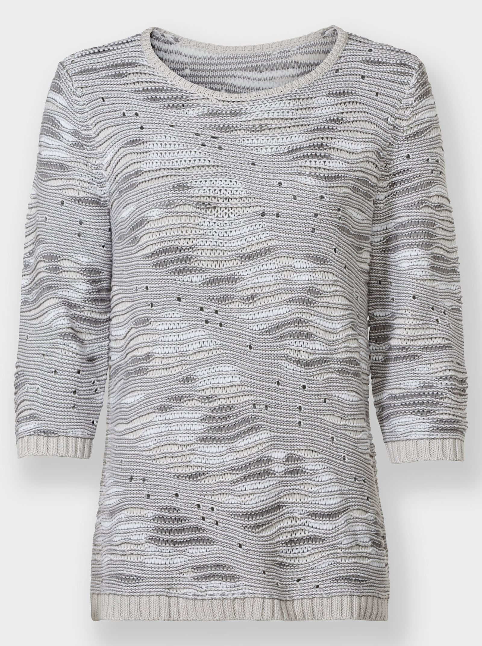 Pullover met 3/4-mouwen in een mix van breipatronen - lichtgrijs gedessineerd