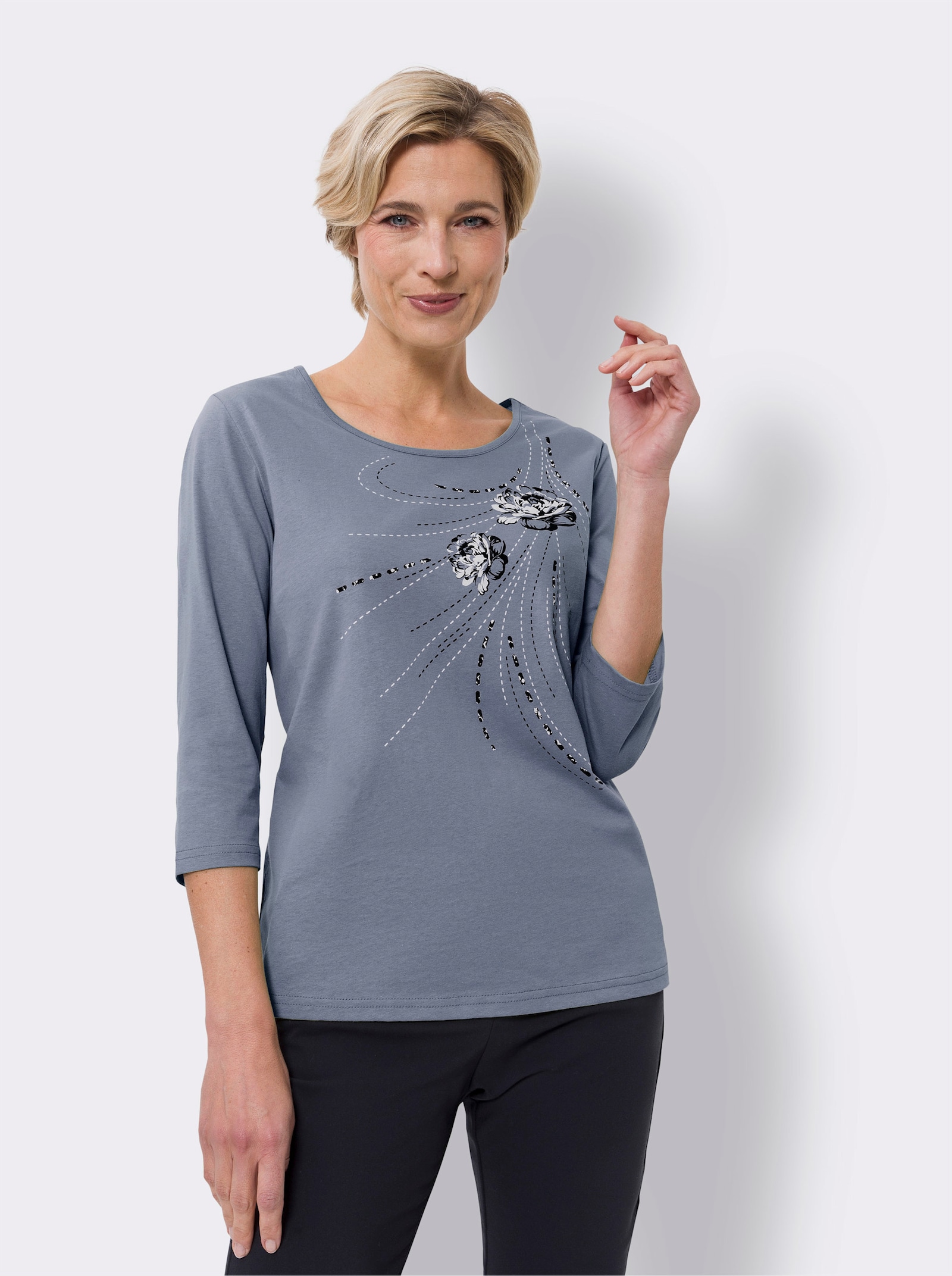 Tričko s květinovým potiskem - holubí modrá