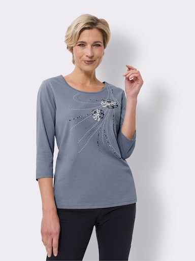 T-Shirt mit platziertem Blüten-Print - taubenblau