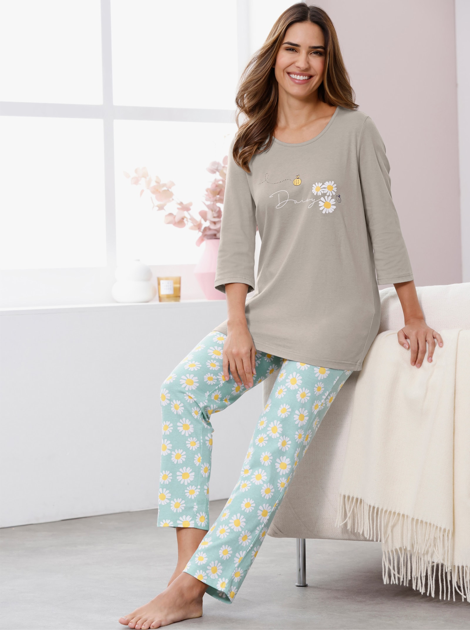 Pyjama met bloemdetails - lichtgrijs/mint