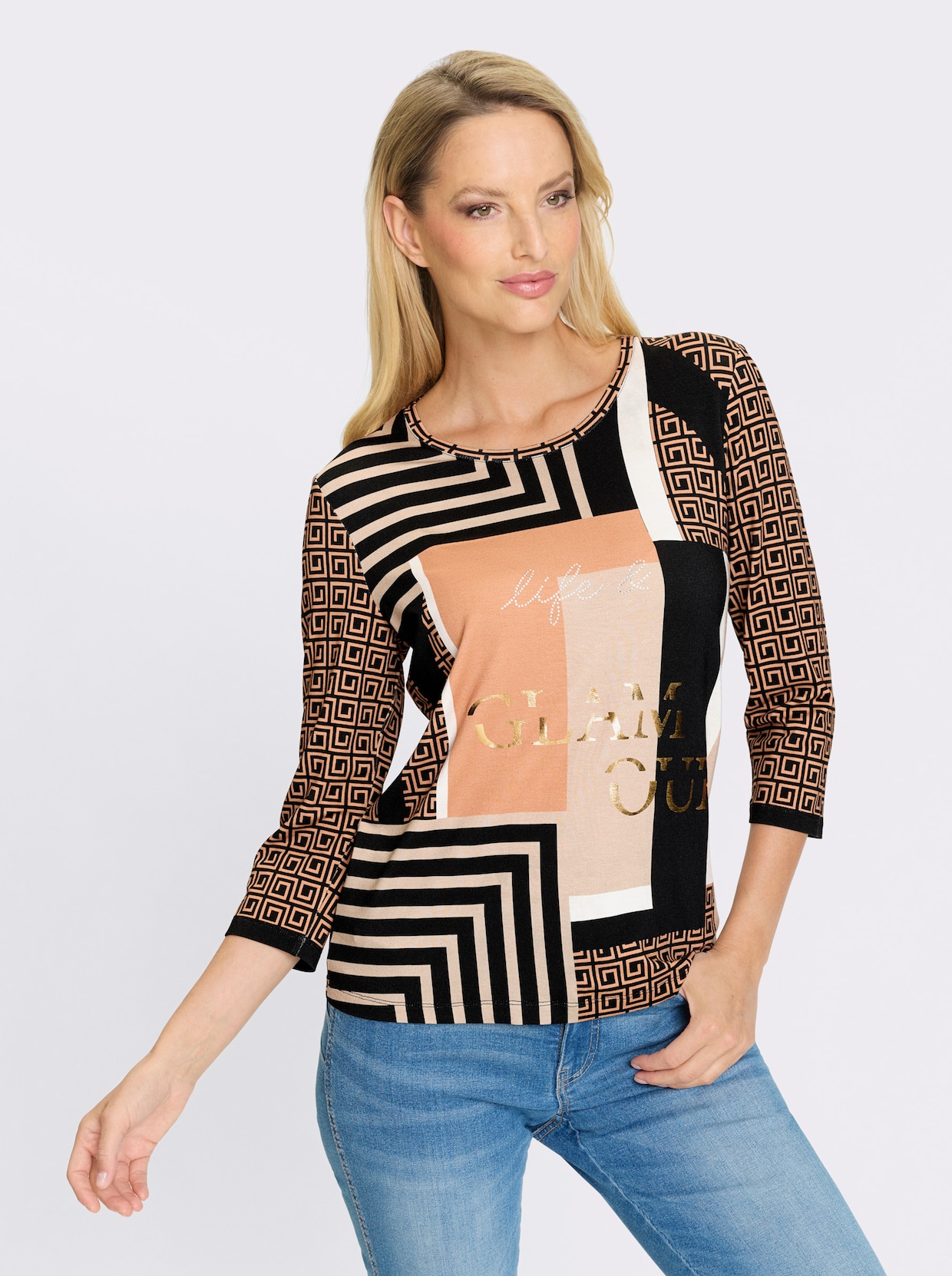 heine 3/4-Arm-Shirt - camel-schwarz-bedruckt