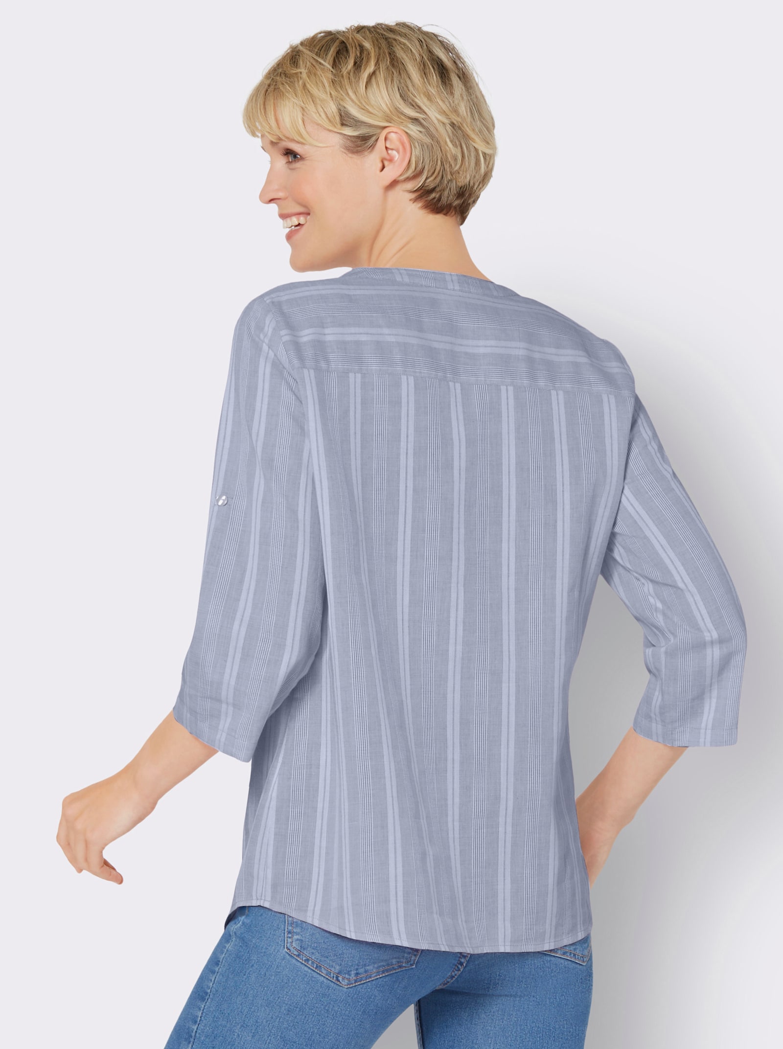 Navlékací halenka s proužky z barvené příze - holubí modrá-ecru-proužek