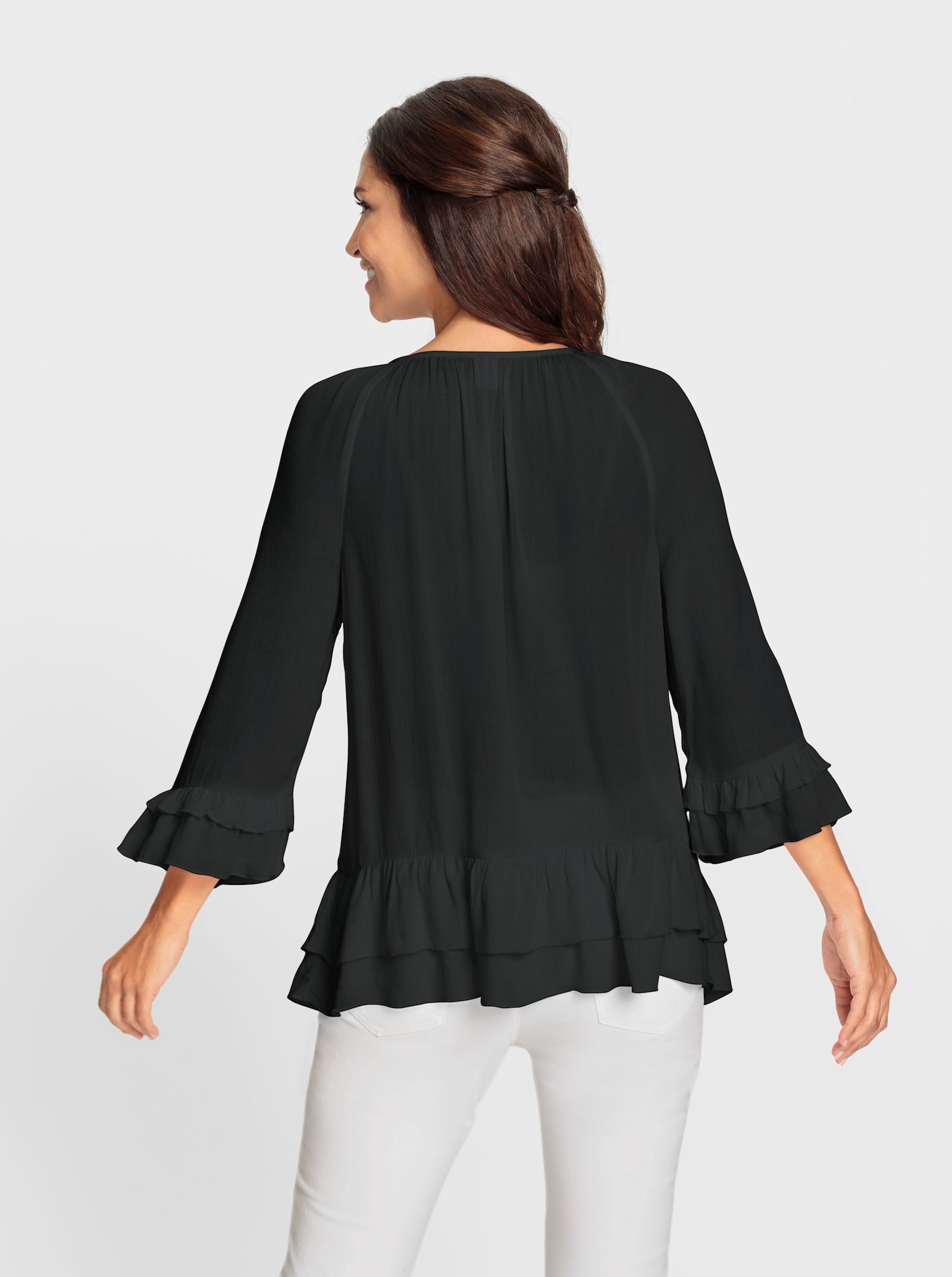 Schlupfbluse mit Blumenstickerei - schwarz