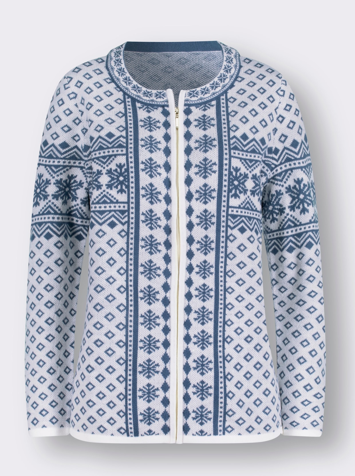 Žakárový pletený kabátek - ecru-džínová modrá-vzor