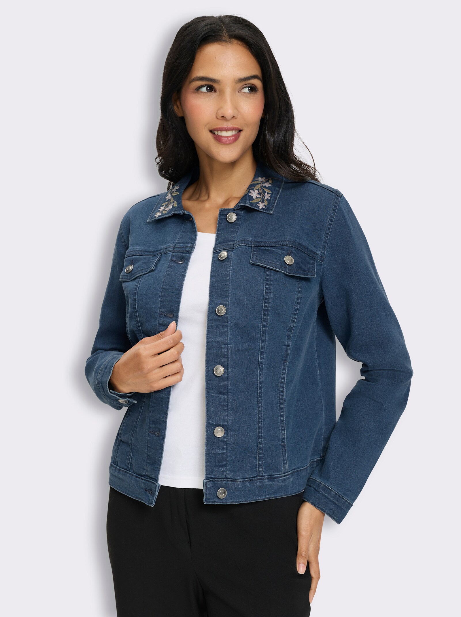 Jeansjacke mit Stickerei am Kragen - blue-stone-washed