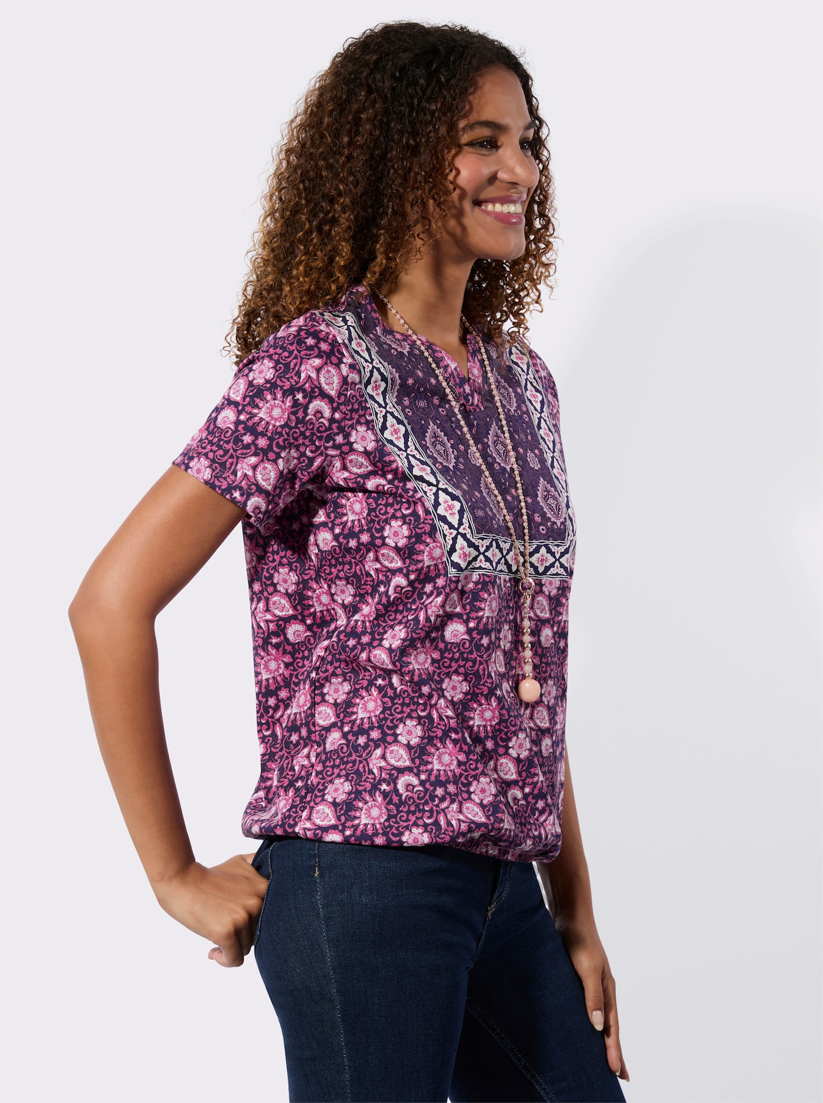 Shirt mit elastischem Saum - erika-marine-bedruckt