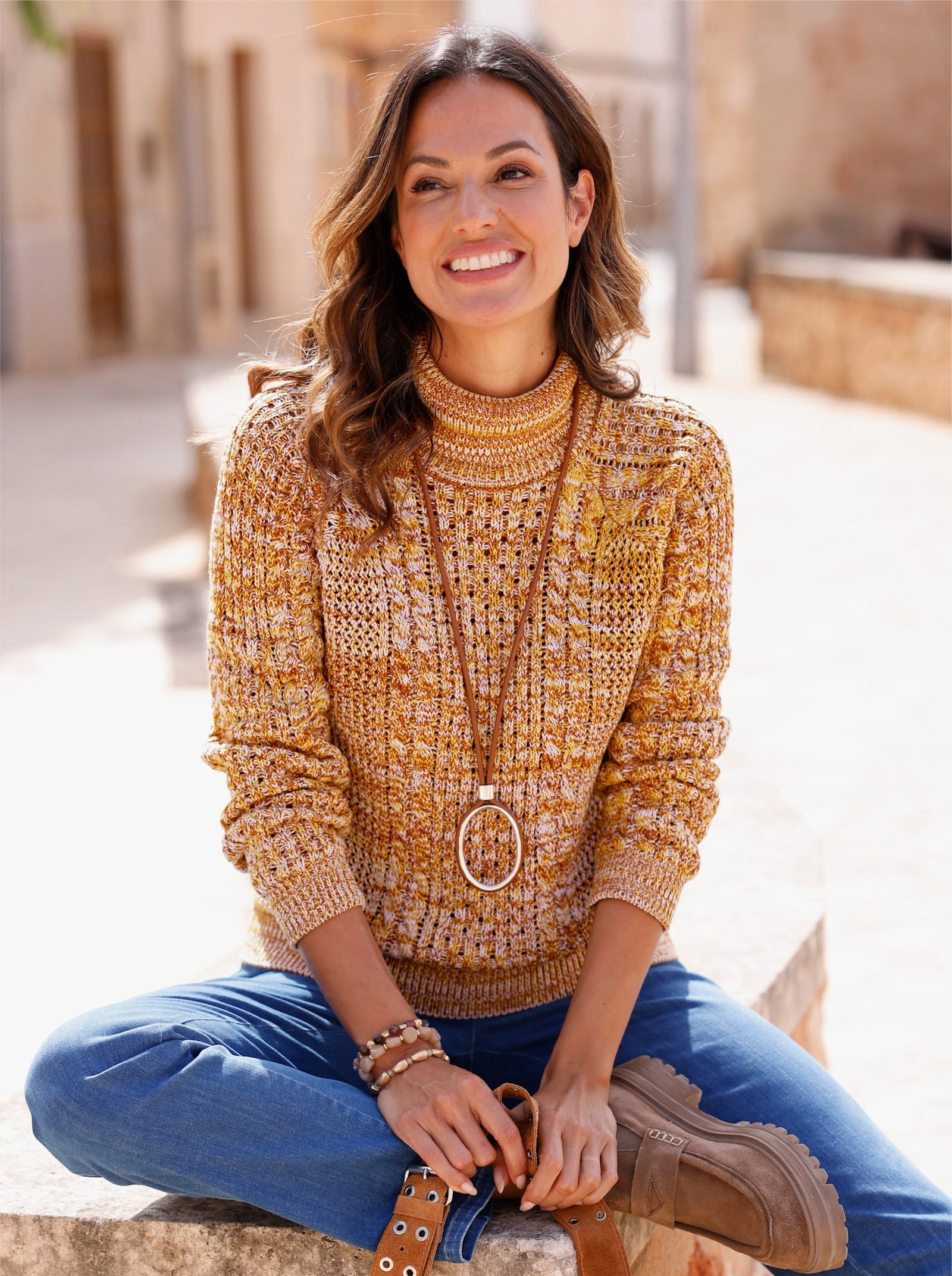  Rollkragenpullover im Muster-Mix - ocker-meliert