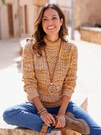 Rollkragenpullover im Muster-Mix - ocker-meliert