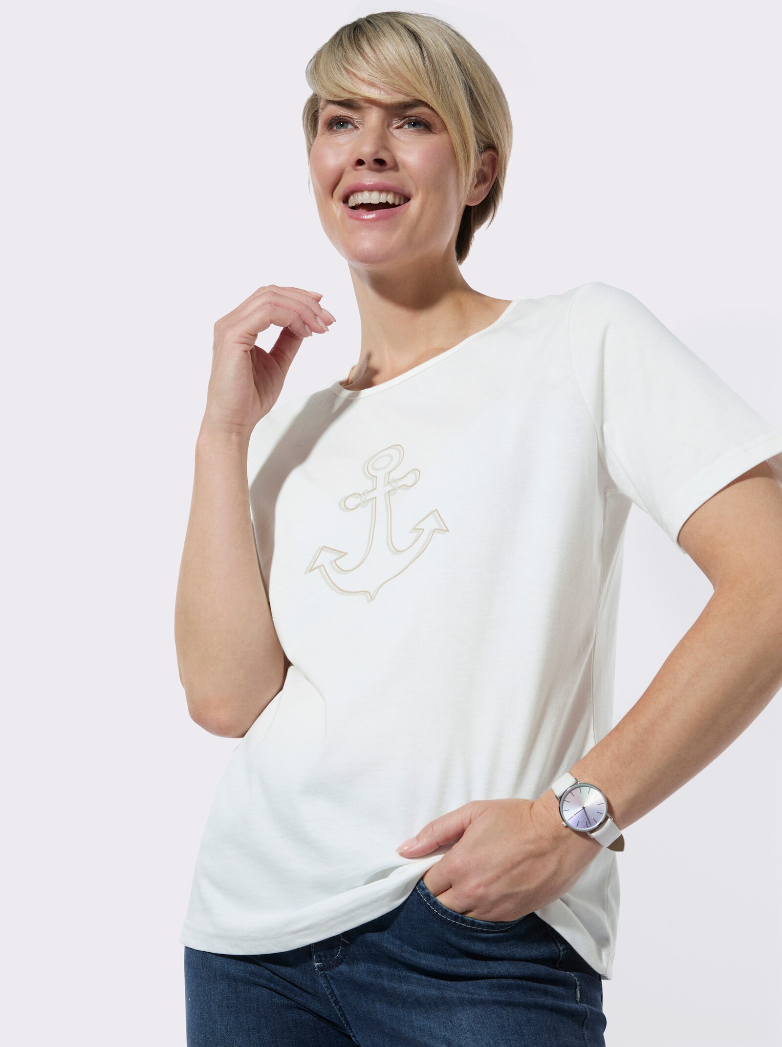 Rundhalsshirt mit Frontdruck - ecru