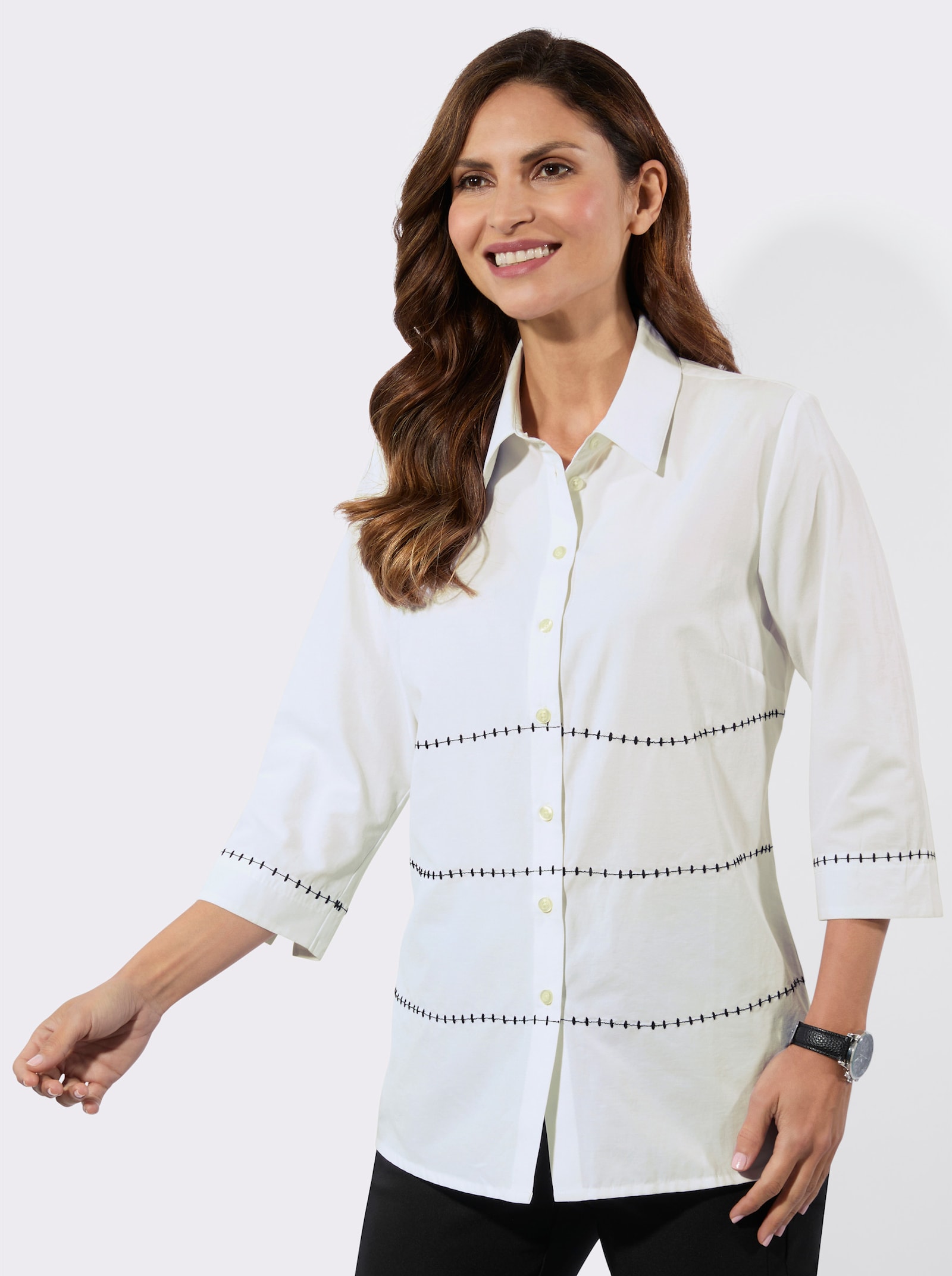 Hemdbluse mit Kontrast-Stickerei - ecru-schwarz