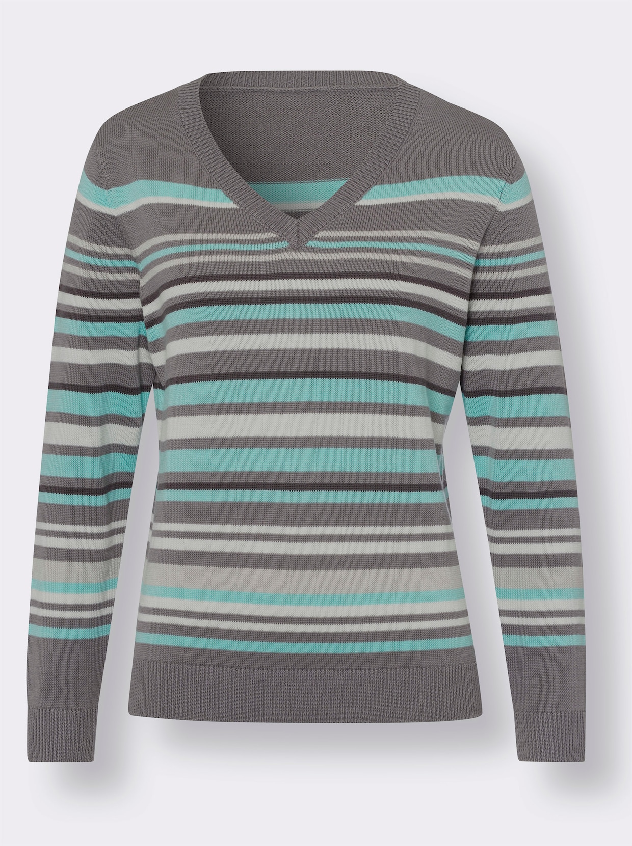 V-Ausschnitt-Pullover - grau-mint-geringelt