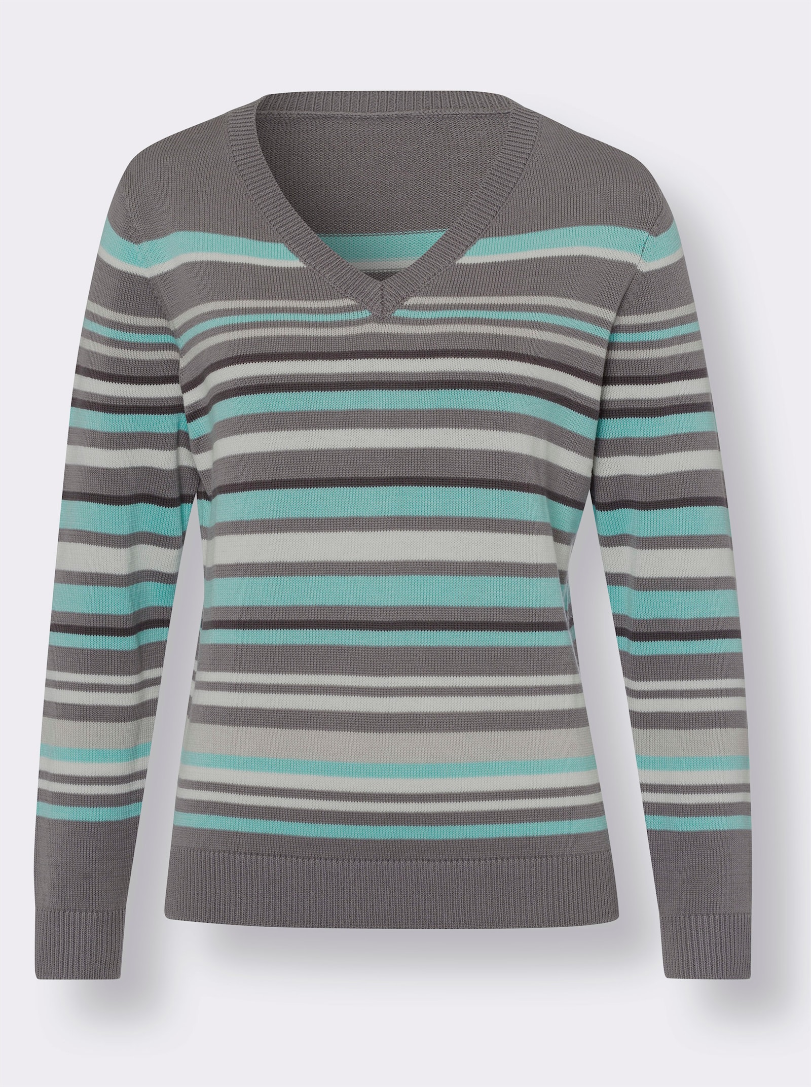 V-Ausschnitt-Pullover im Ringel-Dessin - grau-mint-geringelt