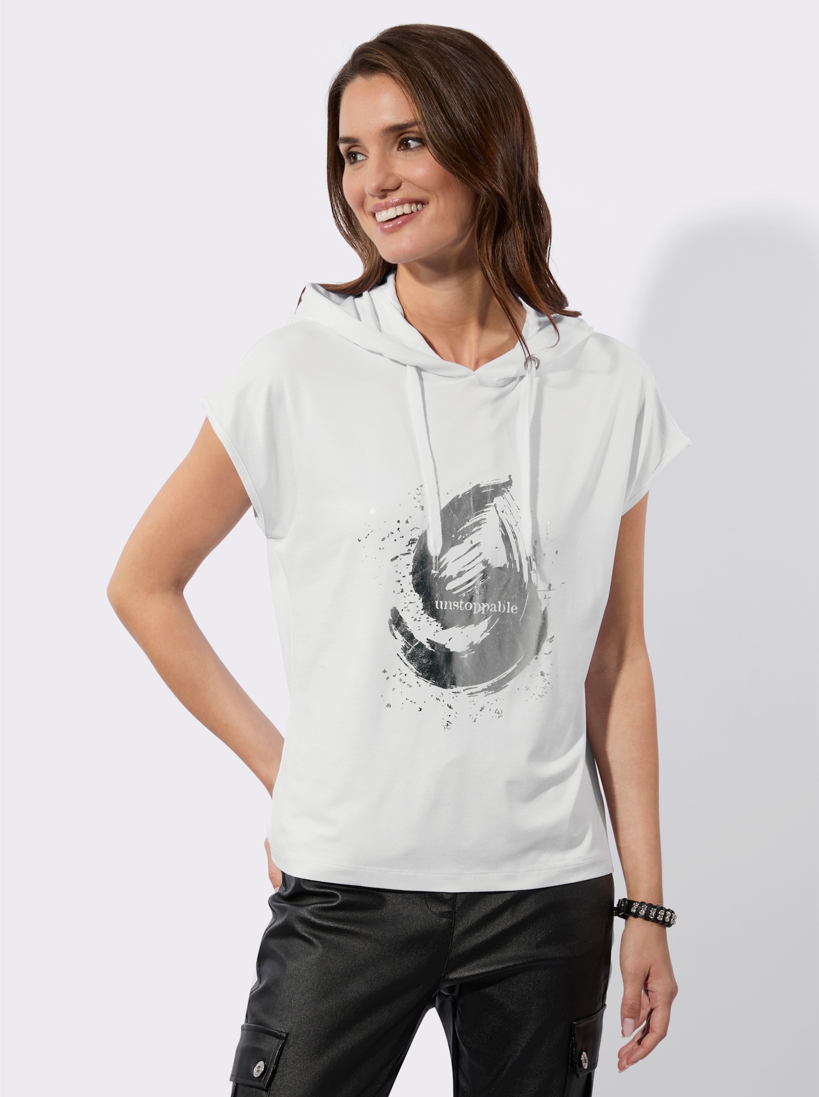 Shirt met capuchon en zilverkleurige print - wit