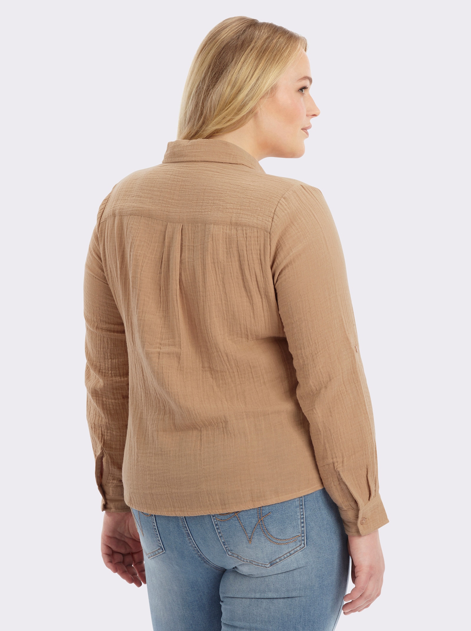 Baumwollbluse mit krempelbaren Ärmeln - camel