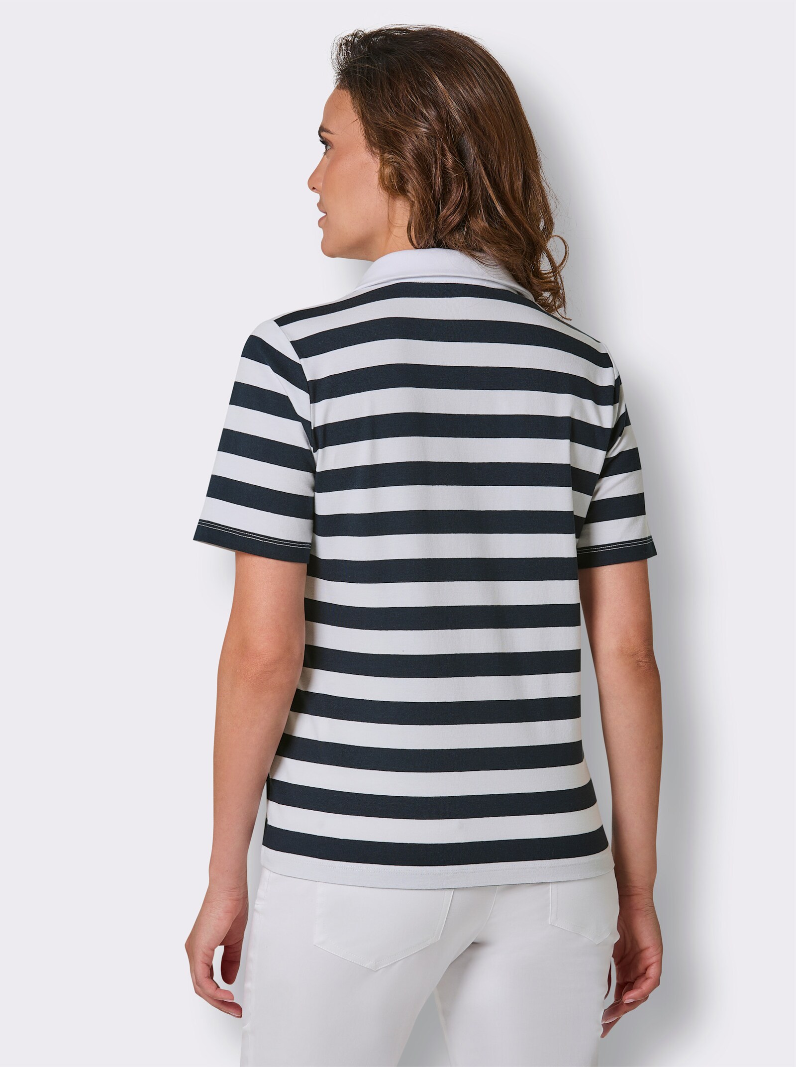 CREATION L PREMIUM Poloshirt mit Schmucksteinchen - marine-weiß-geringelt