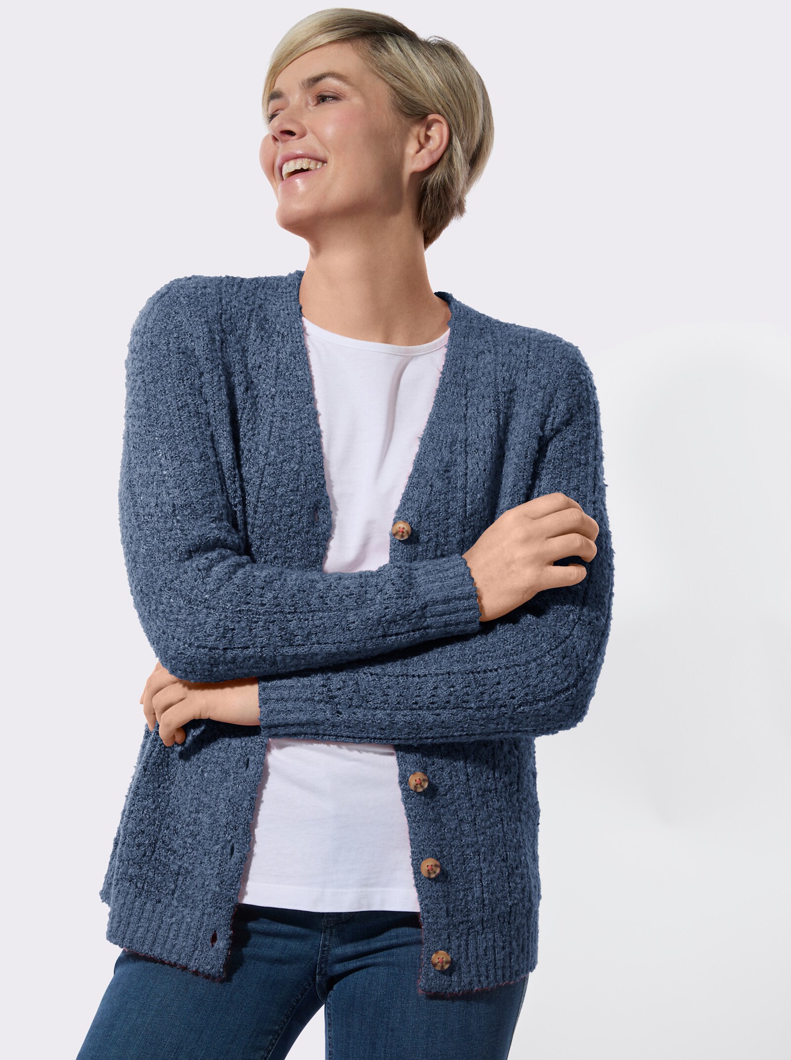Strickjacke mit Bouclé-Struktur - jeansblau-meliert