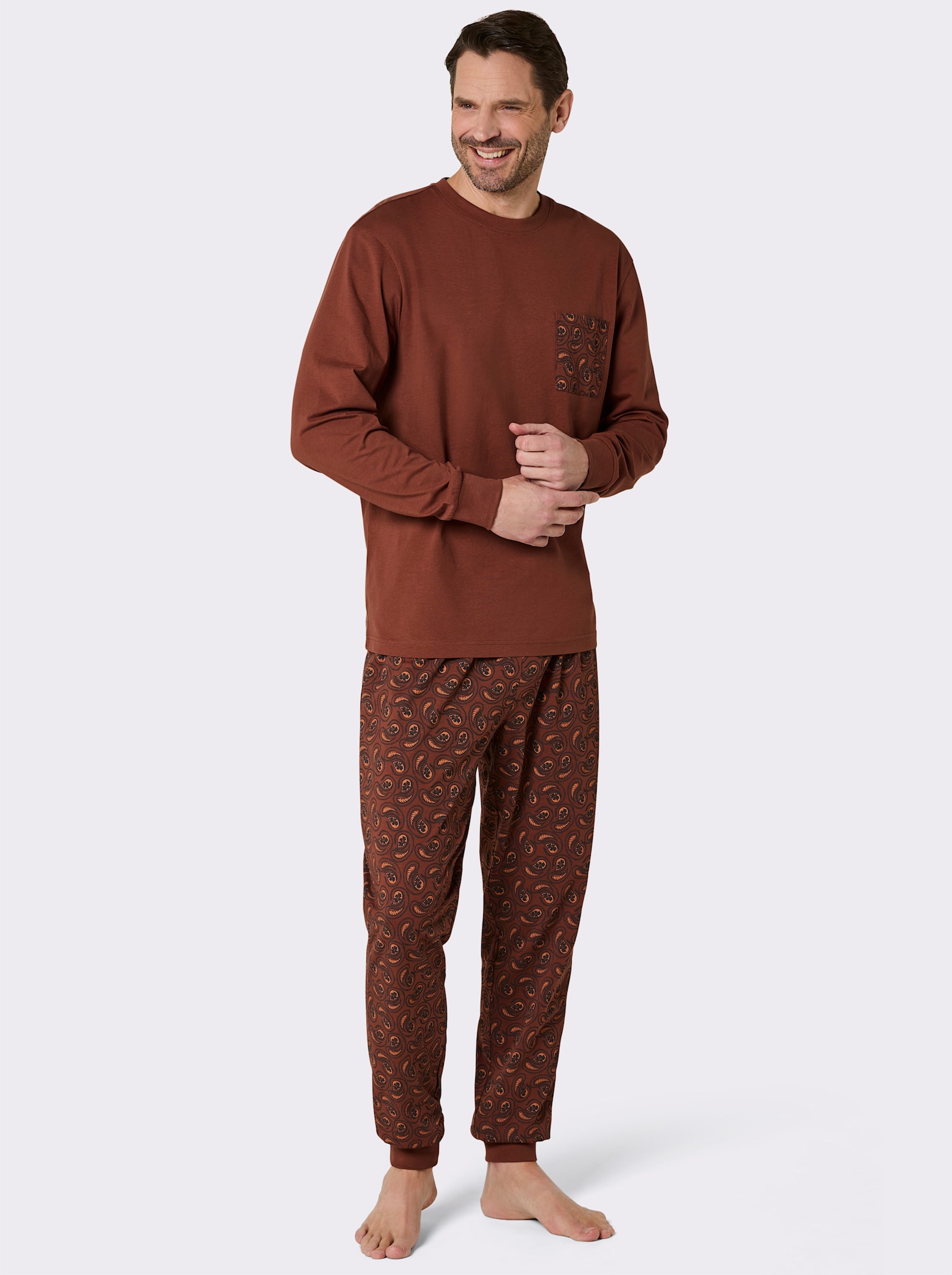 wäschepur men Schlafanzug aus Bio-Baumwolle - rotbraun-graphit-bedruckt
