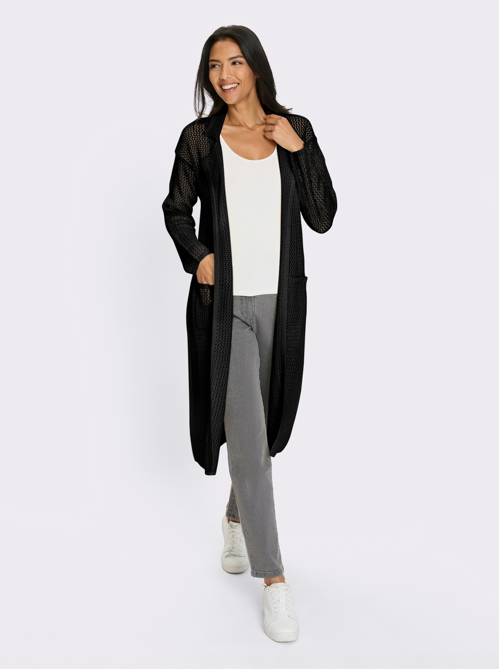 Lång kofta med hålmönster - svart