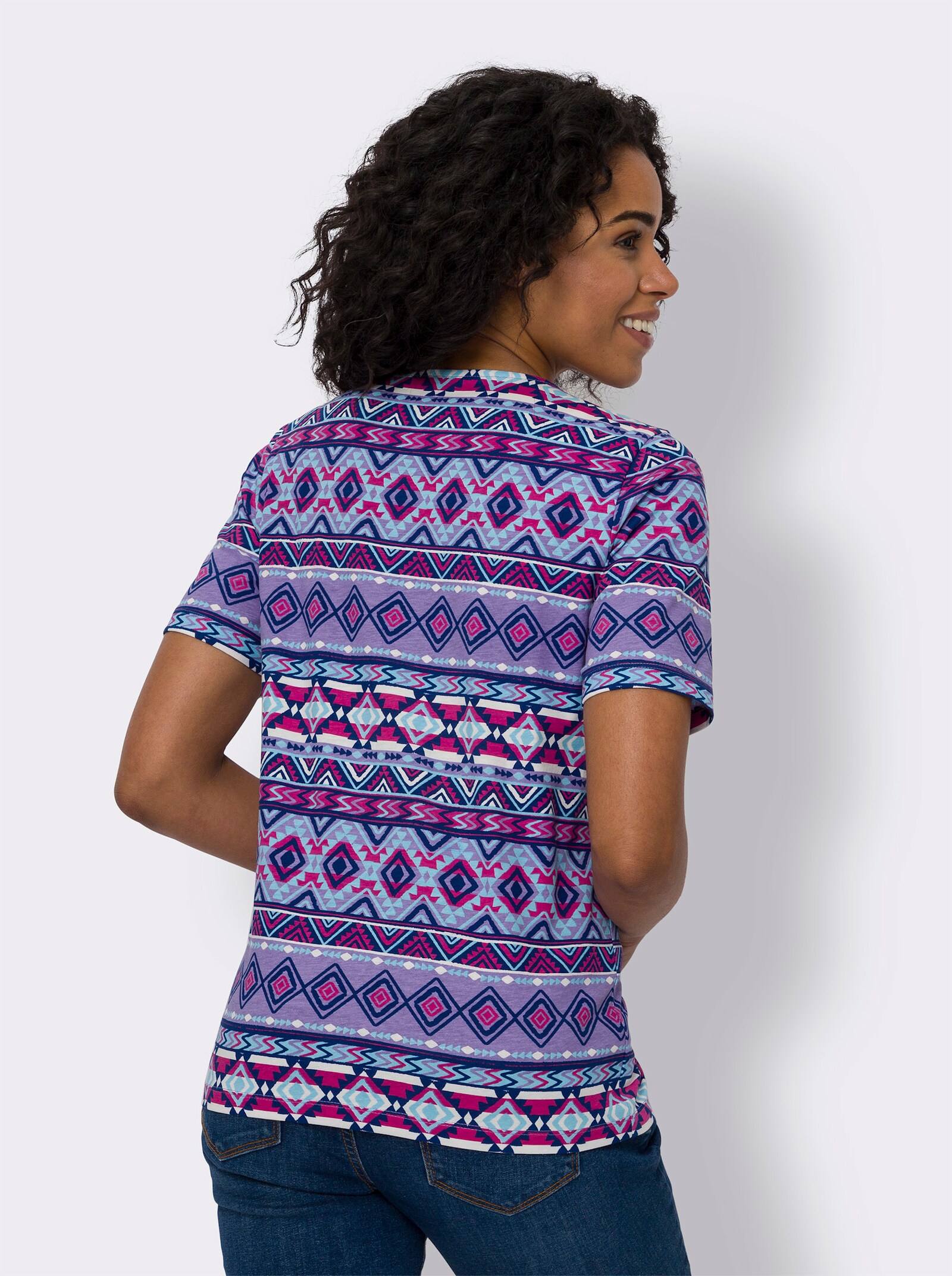 Kurzarmshirt mit Ethno-Muster, Baumwolle - aqua-fuchsia-bedruckt