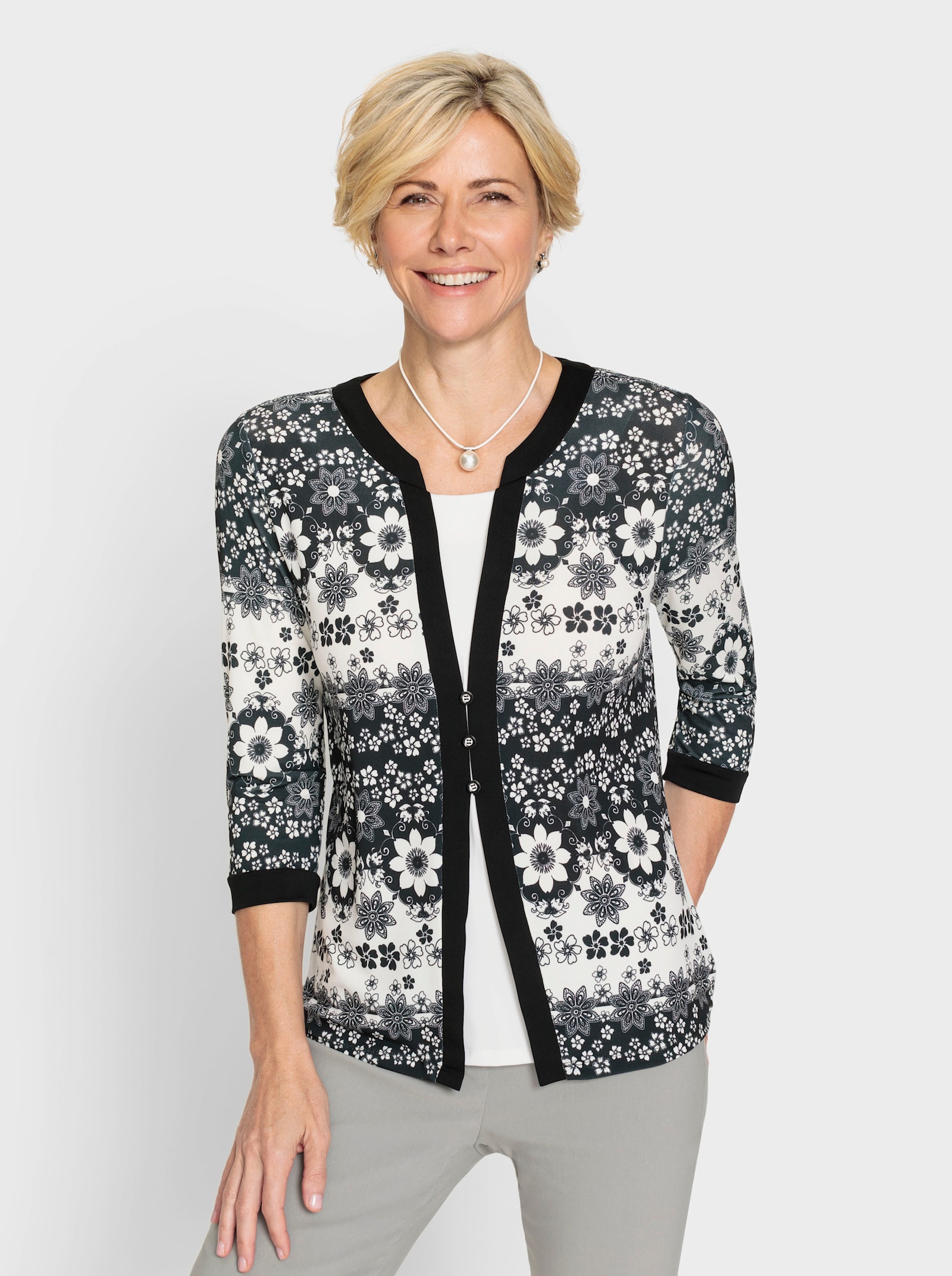 2-in-1-Shirt mit 3/4-langen Ärmeln - ecru-schwarz-bedruckt