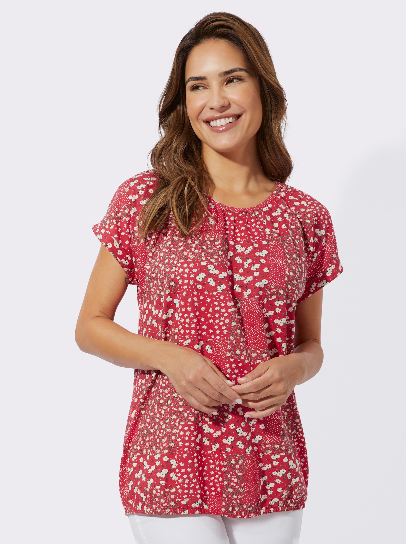 Kurzarmshirt mit Raffung - erdbeere-champagner-bedruckt