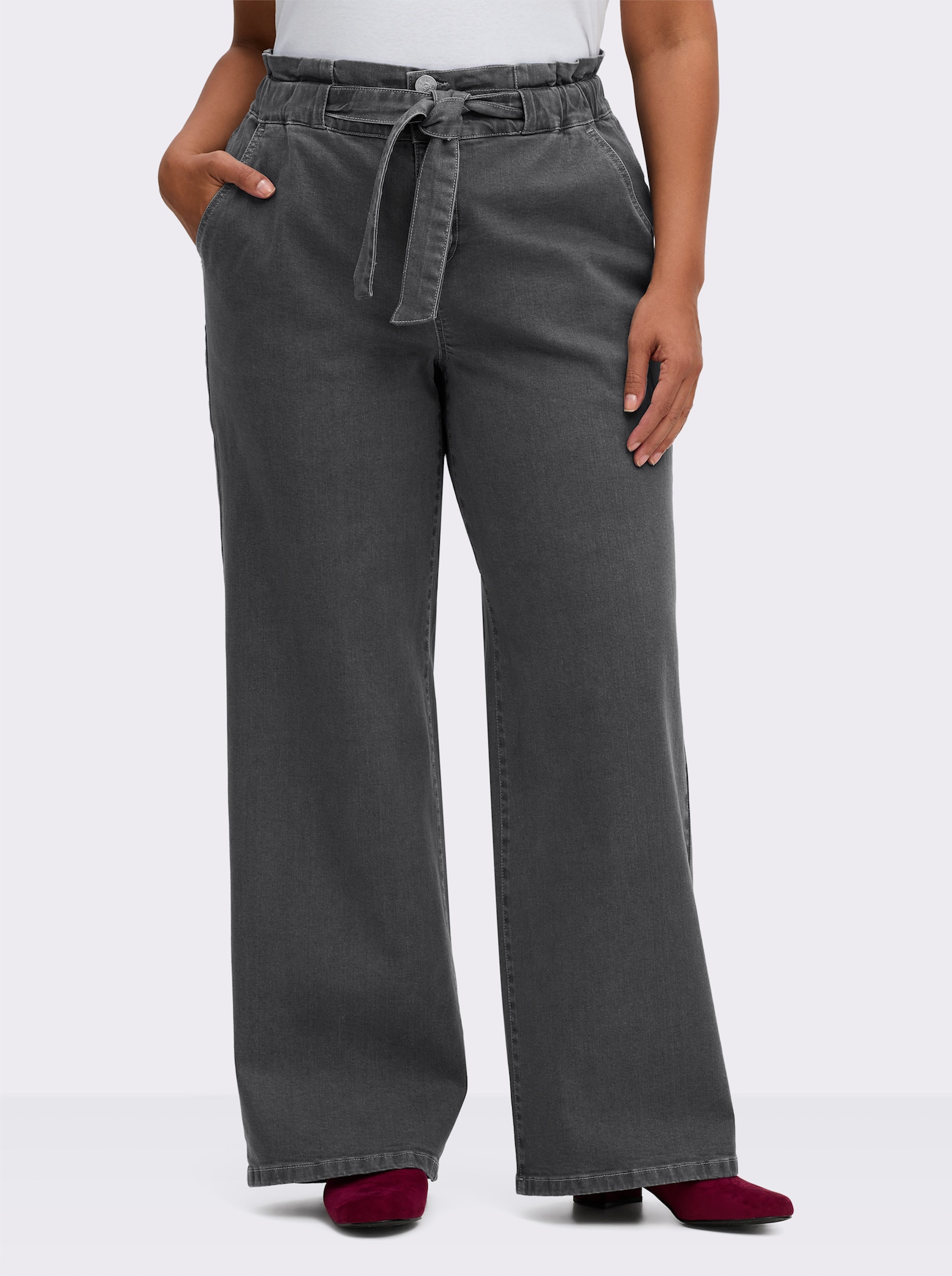 sheego Jeans in paperbaglook, met bindceintuur - antraciet/grey-denim