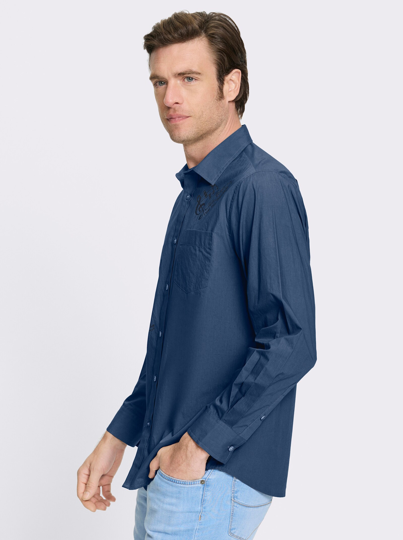 Catamaran Langarmhemd mit platzierten Prints, Baumwolle - jeansblau-bedruckt