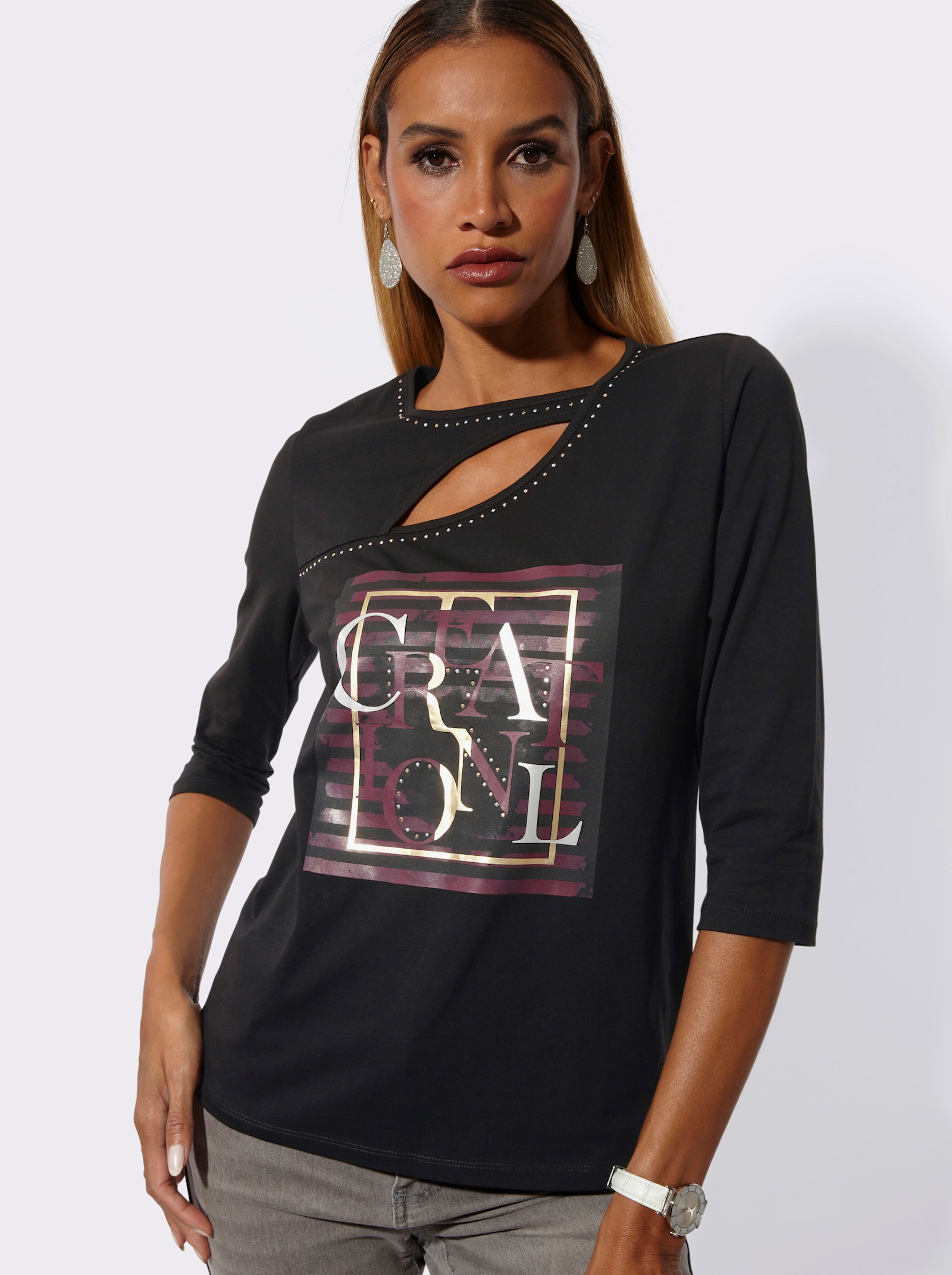 3/4-Arm-Shirt mit Foliendruck - schwarz-goldfarben-bedruckt