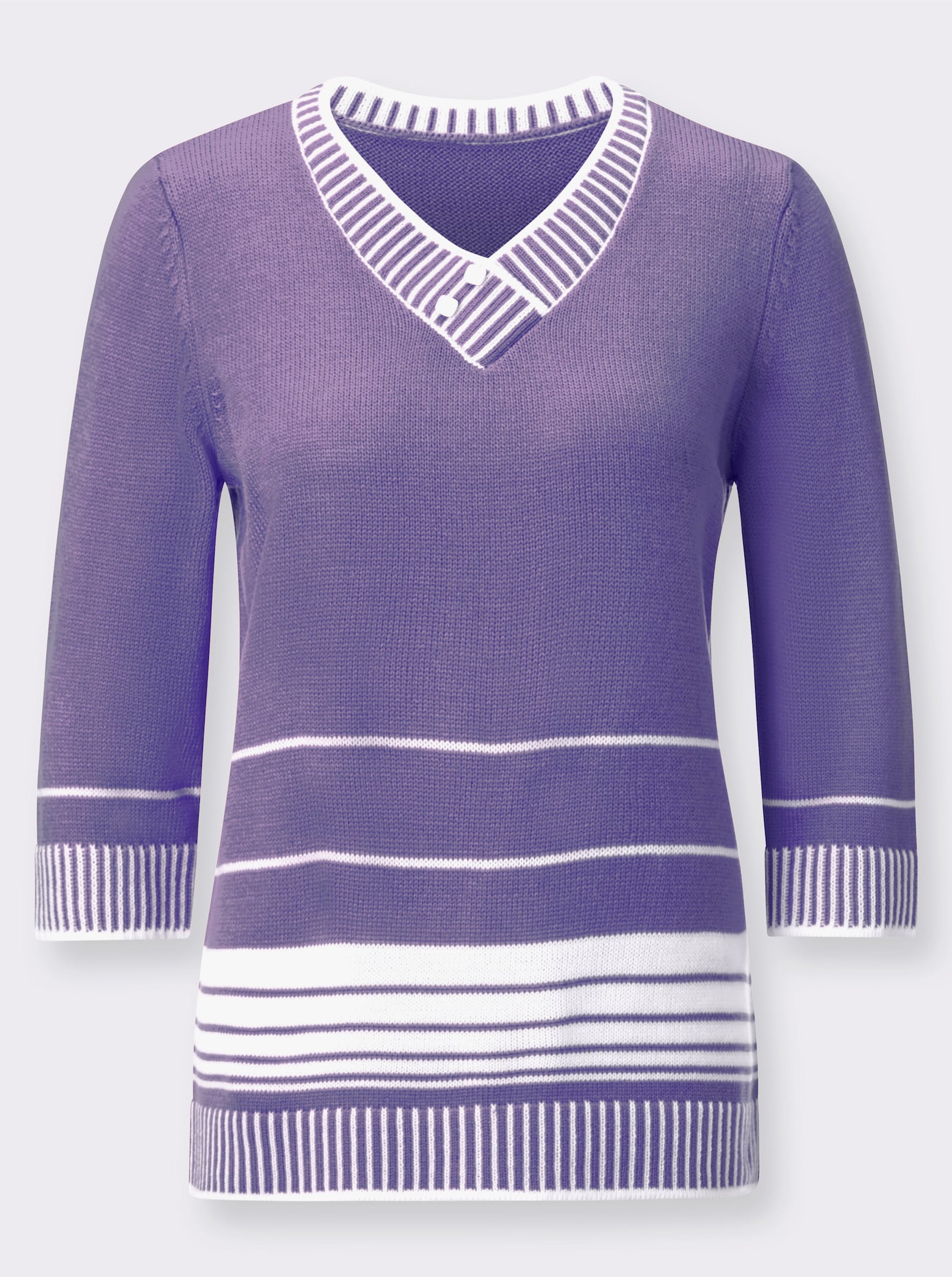 3/4 Arm-Pullover mit überlappendem V-Ausschnitt - lavendel-weiß-gestreift