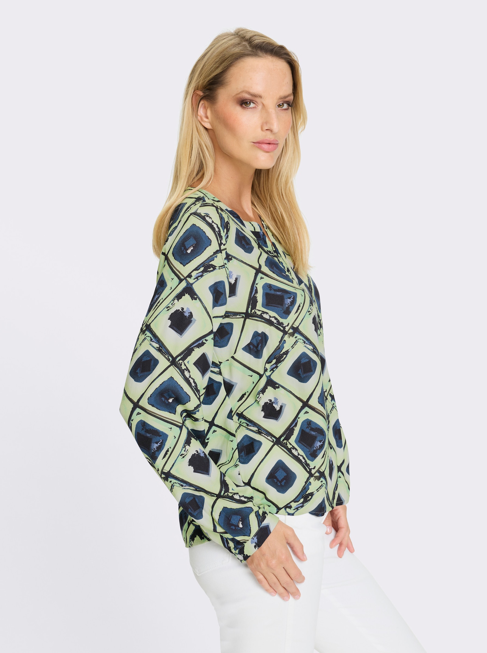 heine Druckbluse - dunkelblau-reseda-bedruckt